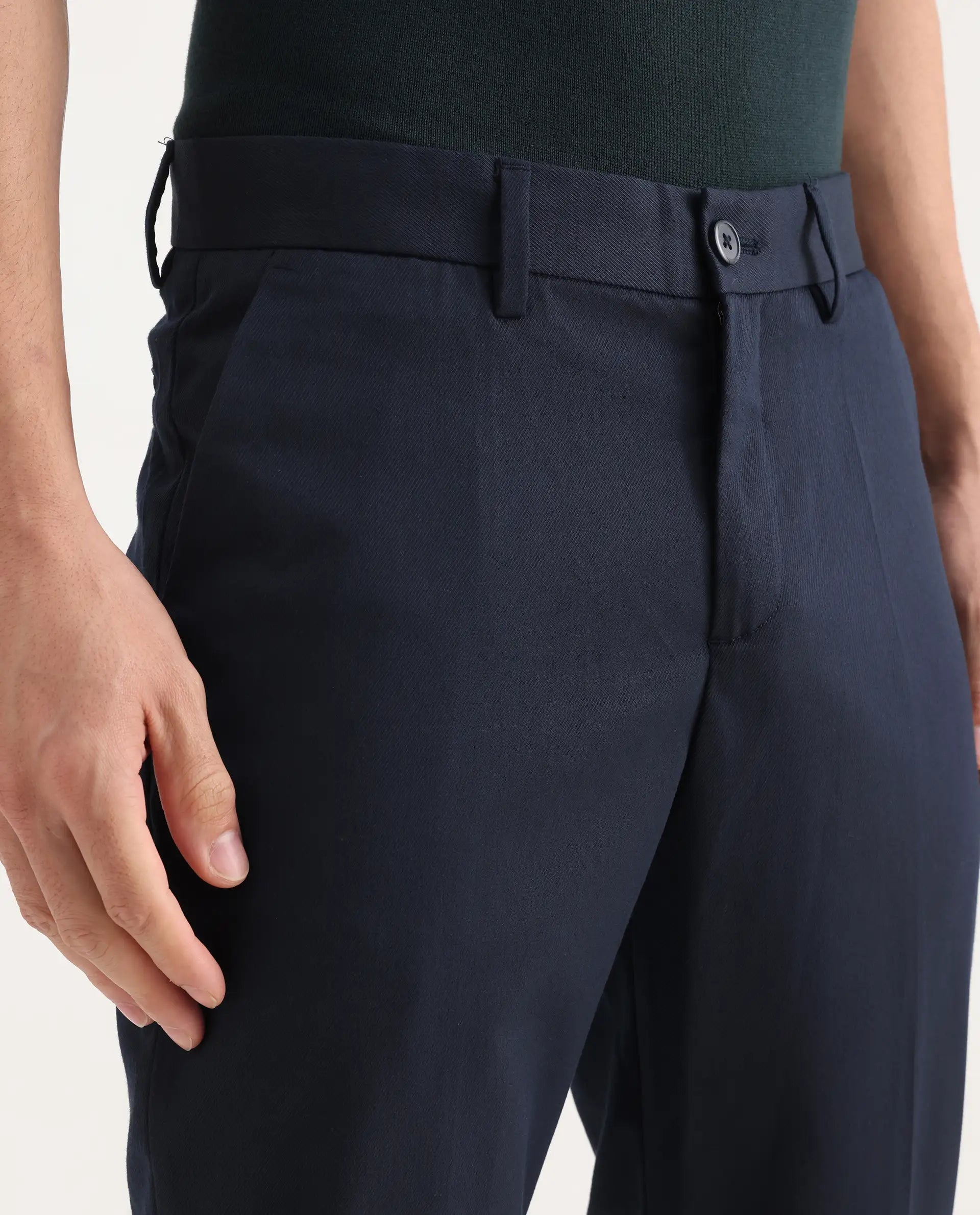 Rare Rabbit Men's Chamer Navy Polyester Plain Regular Fit Trouser