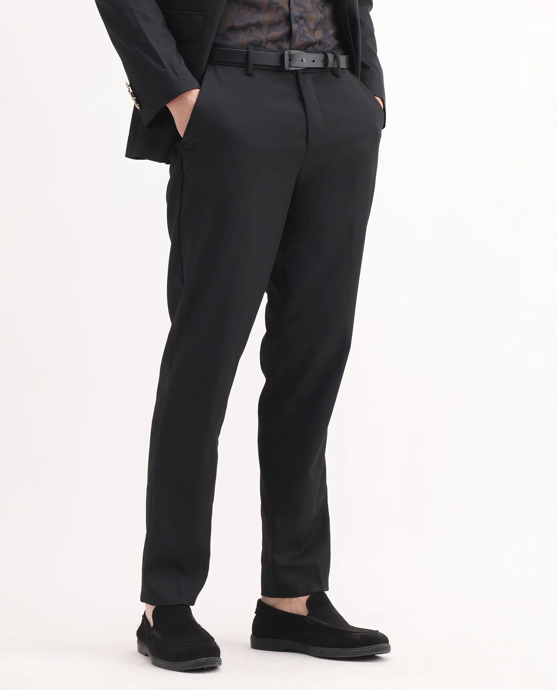 Rare Rabbit Men's Chamey Black Polyester Plain Regular Fit Trouser