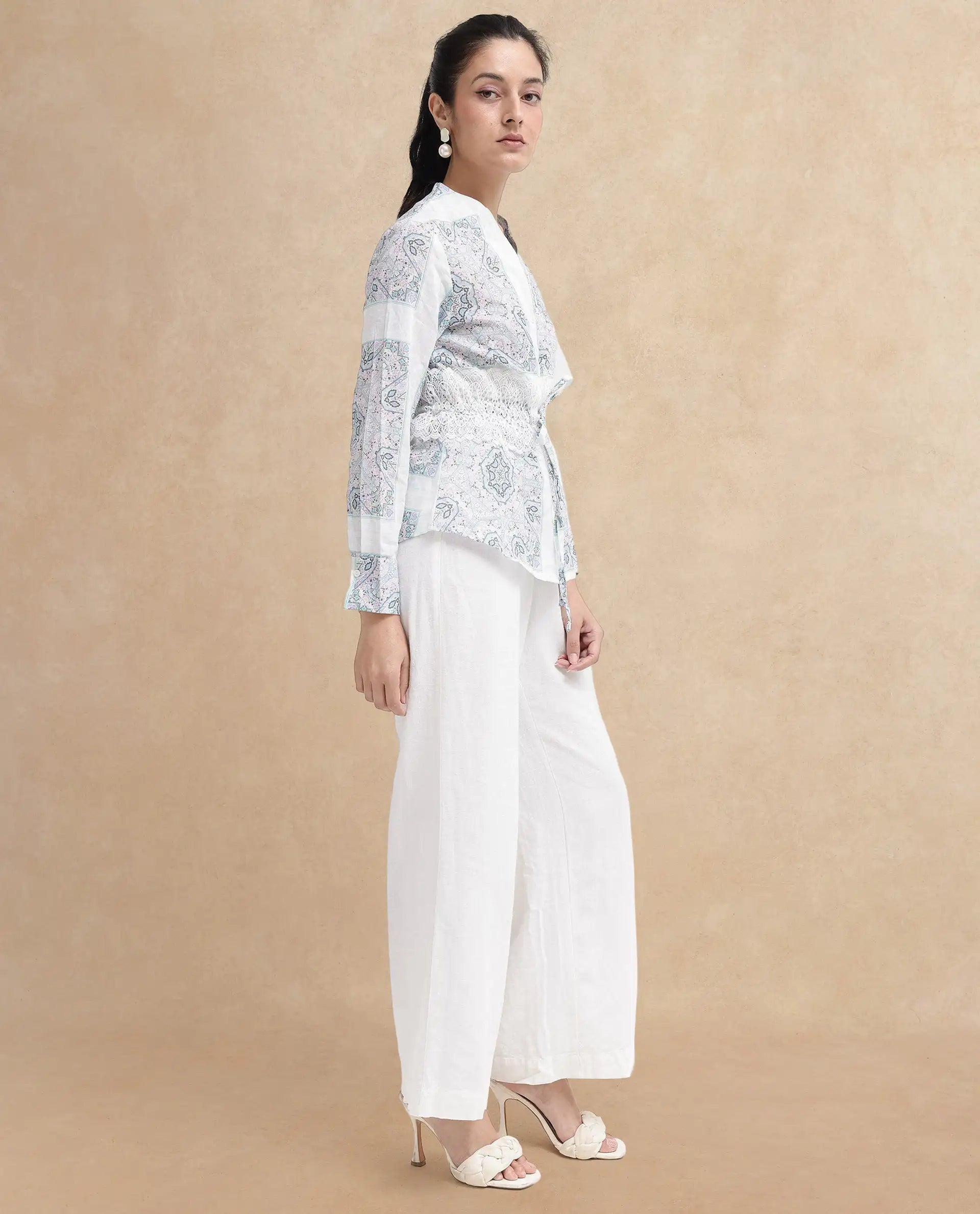 Rareism Women Chanteo-SC Light Multi Cuffed Sleeve V-Neck Button Abstract Print Top