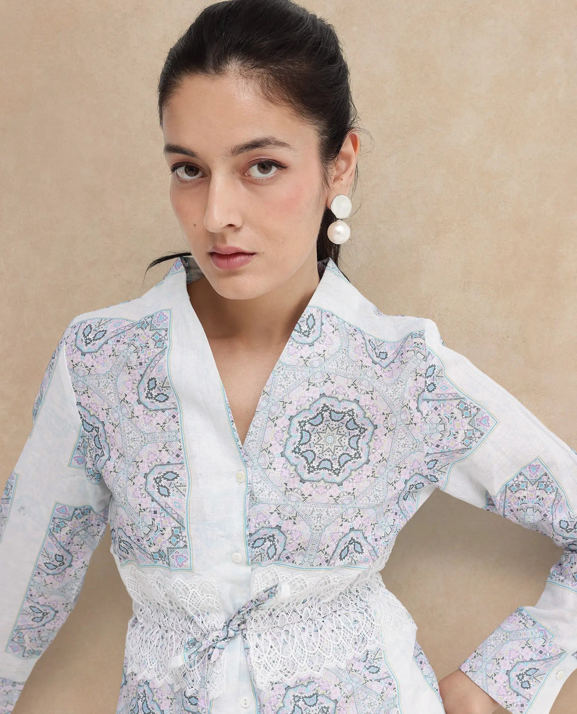 Rareism Women Chanteo-SC Light Multi Cuffed Sleeve V-Neck Button Abstract Print Top