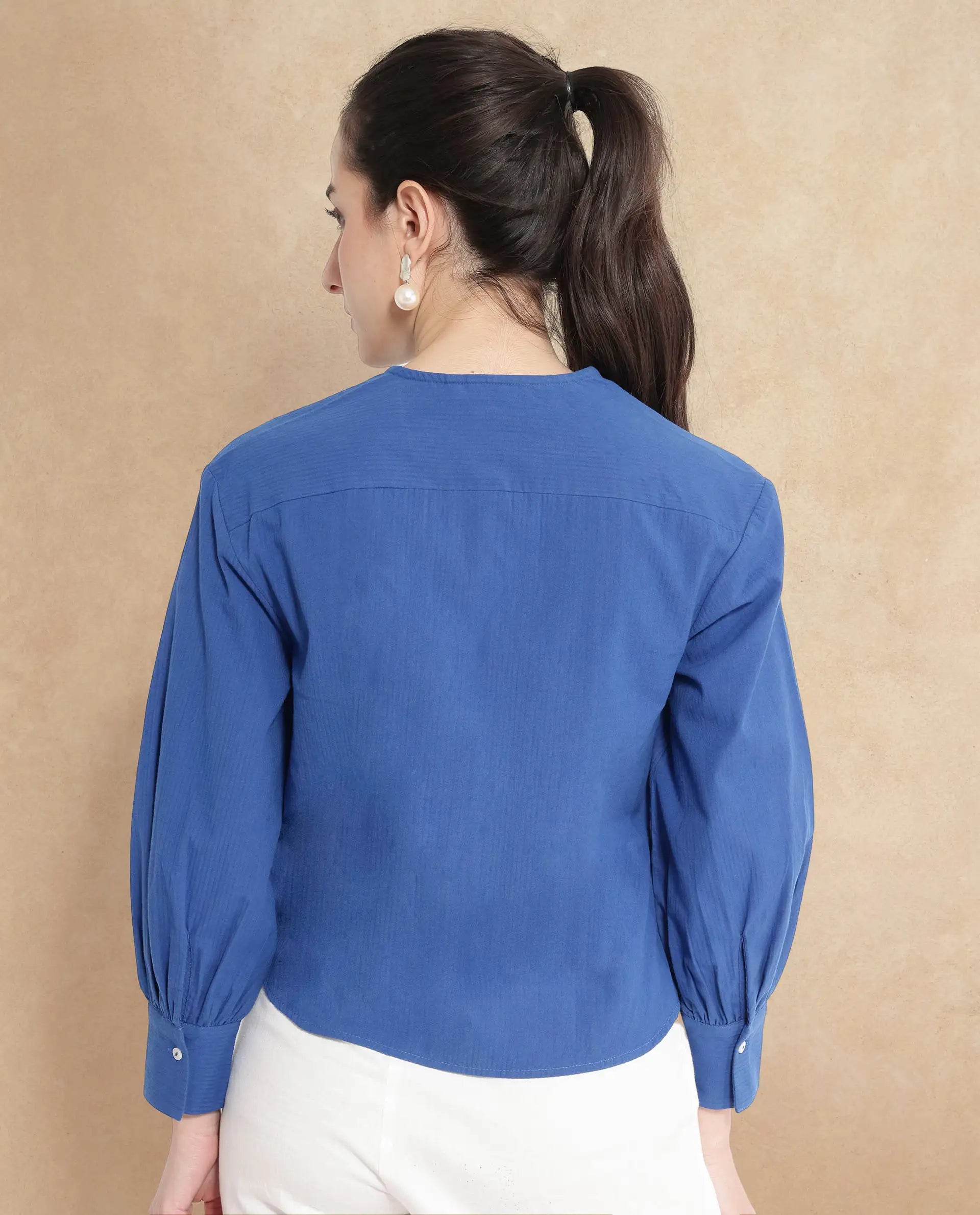 Rareism Women's Chantreyo Blue Cotton Blend Mandarin Collar Striped Cuffed Sleeve Regular Fit Top