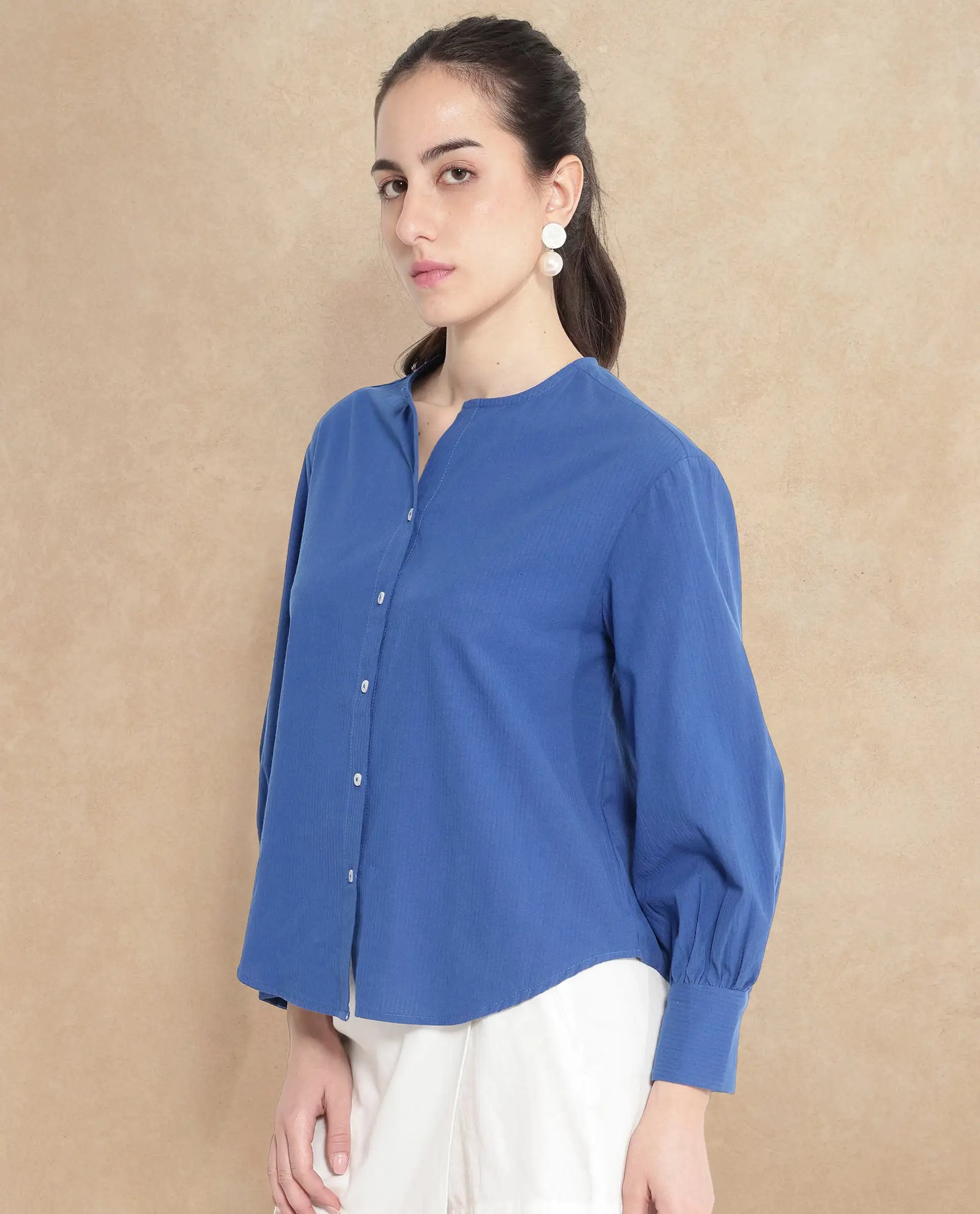 Rareism Women's Chantreyo Blue Cotton Blend Mandarin Collar Striped Cuffed Sleeve Regular Fit Top