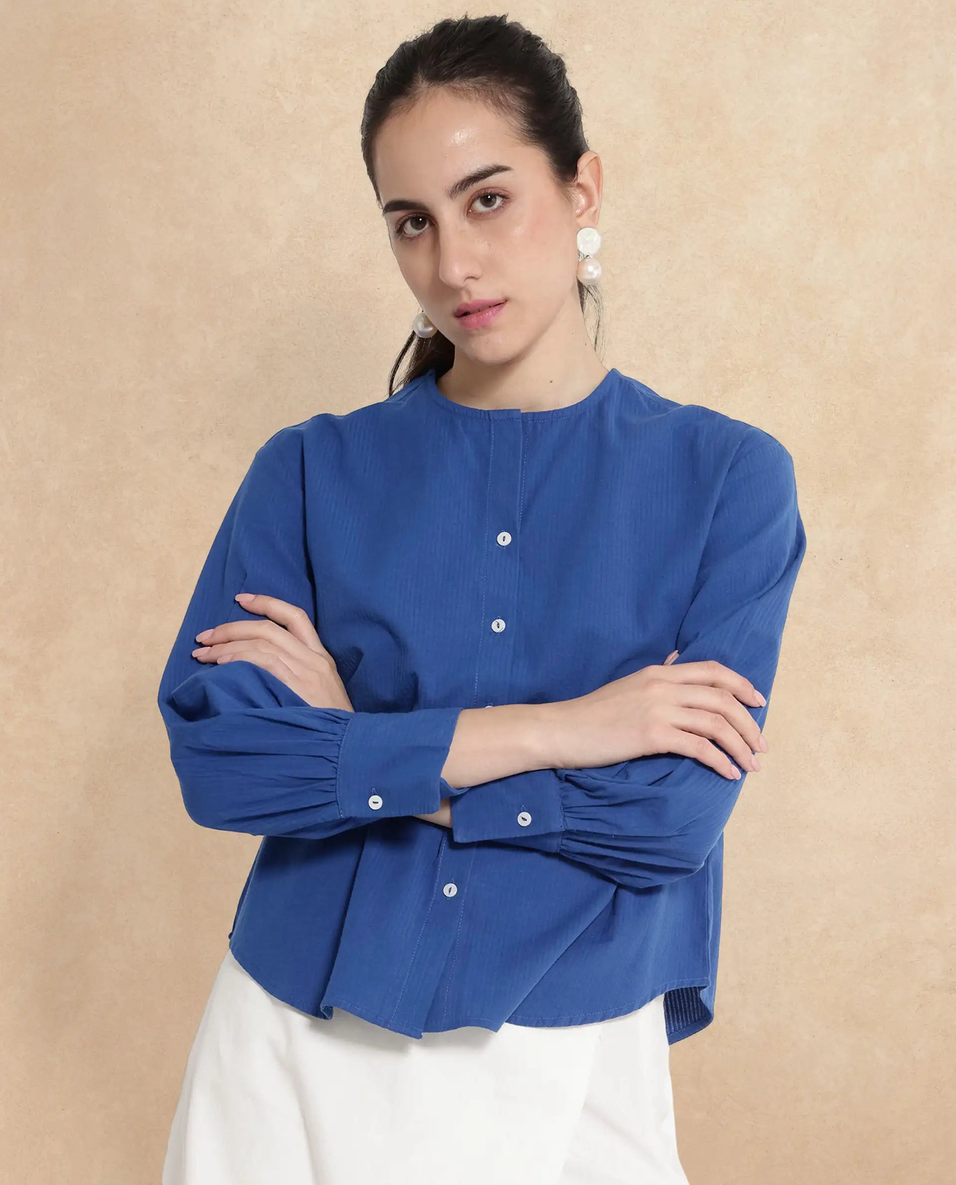 Rareism Women's Chantreyo Blue Cotton Blend Mandarin Collar Striped Cuffed Sleeve Regular Fit Top