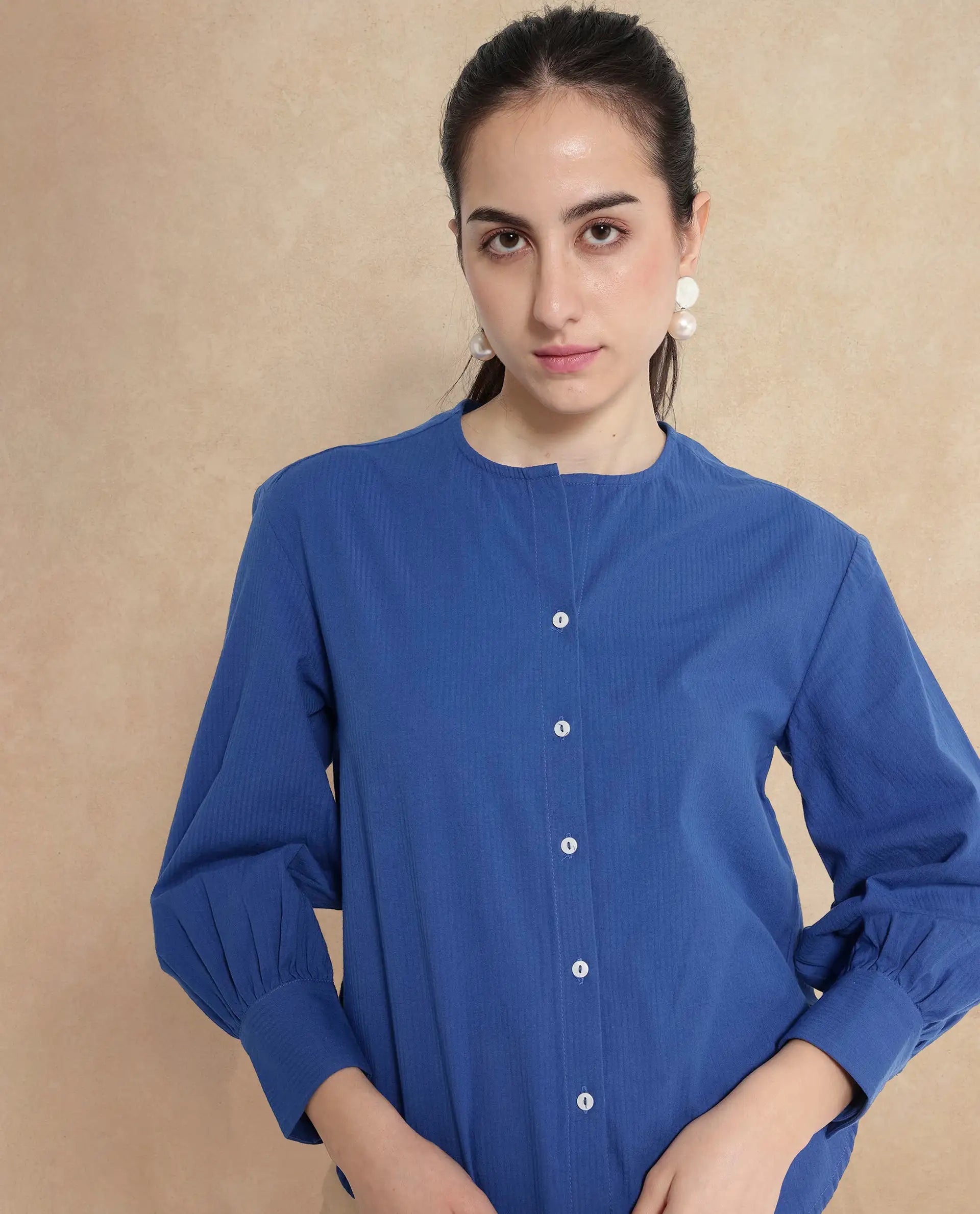 Rareism Women's Chantreyo Blue Cotton Blend Mandarin Collar Striped Cuffed Sleeve Regular Fit Top