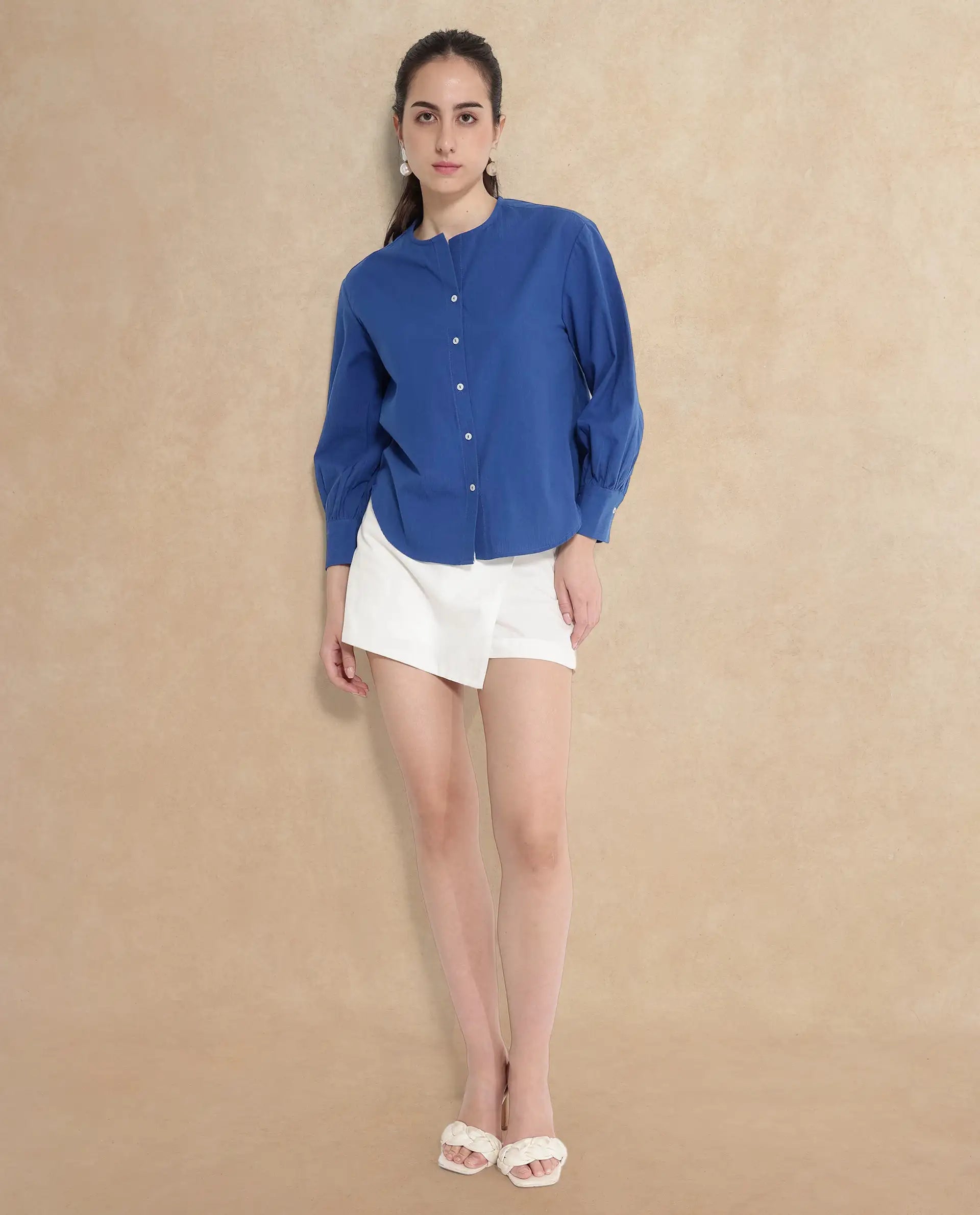 Rareism Women's Chantreyo Blue Cotton Blend Mandarin Collar Striped Cuffed Sleeve Regular Fit Top