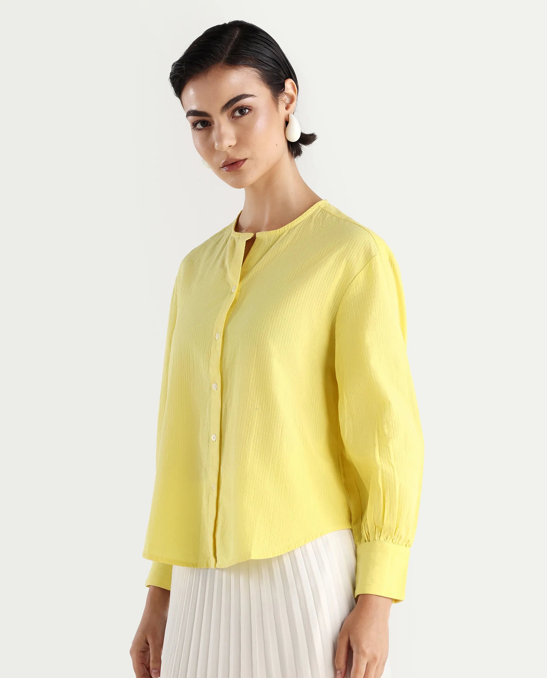 Rareism Women's Chantreyo Yellow Cotton Blend Mandarin Collar Striped Cuffed Sleeve Regular Fit Top