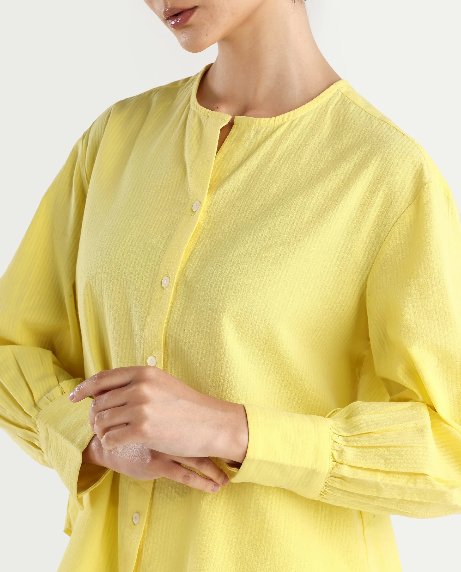 Rareism Women's Chantreyo Yellow Cotton Blend Mandarin Collar Striped Cuffed Sleeve Regular Fit Top