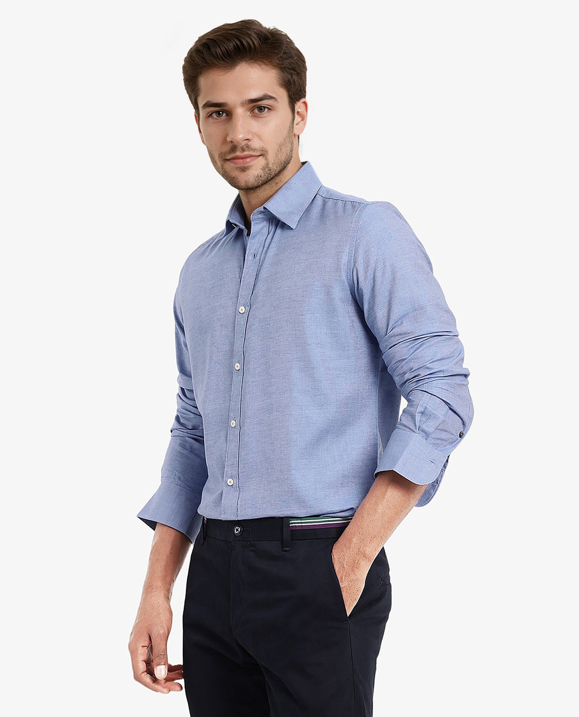 Rare Rabbit Men's Chapelle Blue Cotton Lyocell Fabric Full Sleeves Regular Fit Plain Shirt