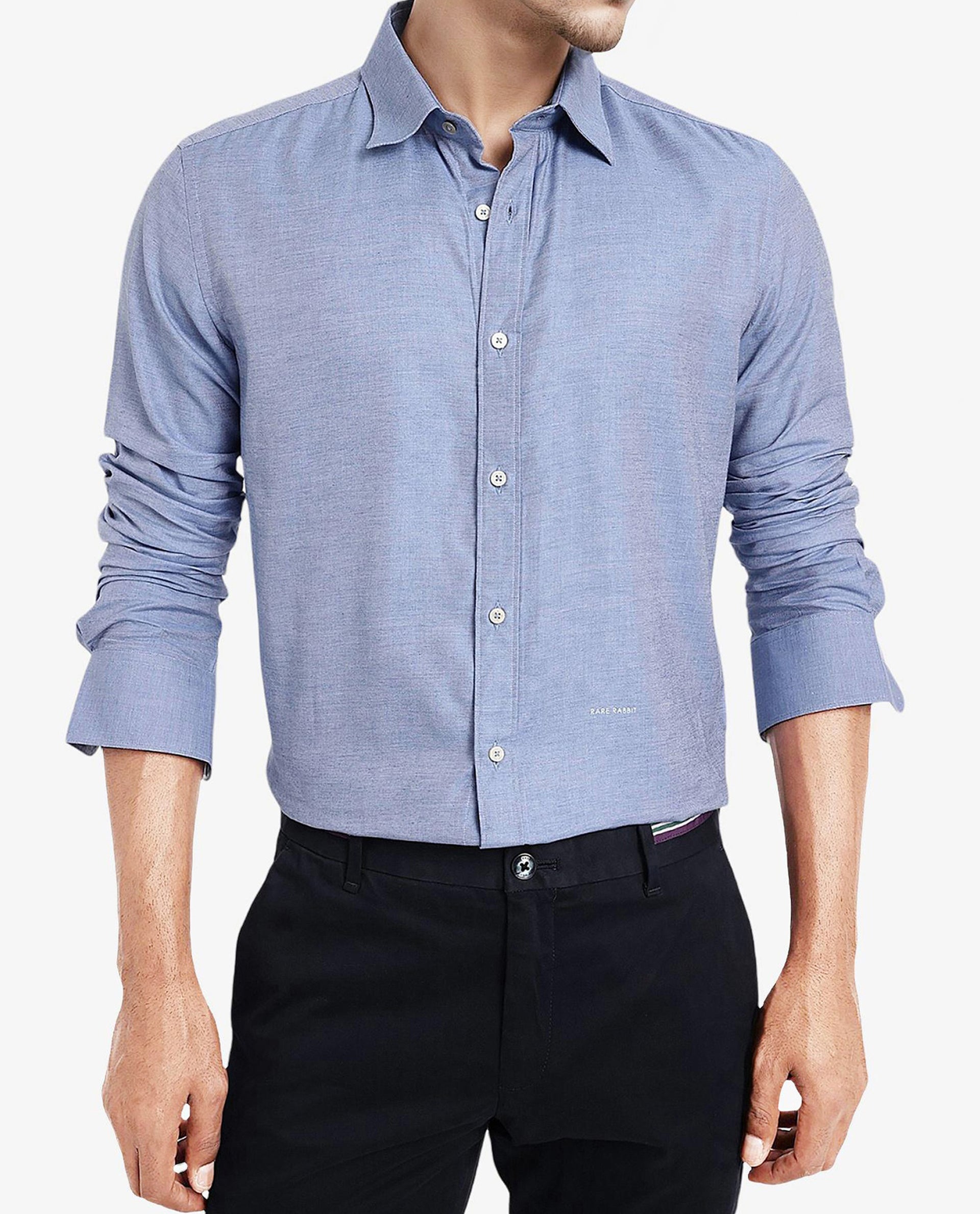 Rare Rabbit Men's Chapelle Blue Cotton Lyocell Fabric Full Sleeves Regular Fit Plain Shirt