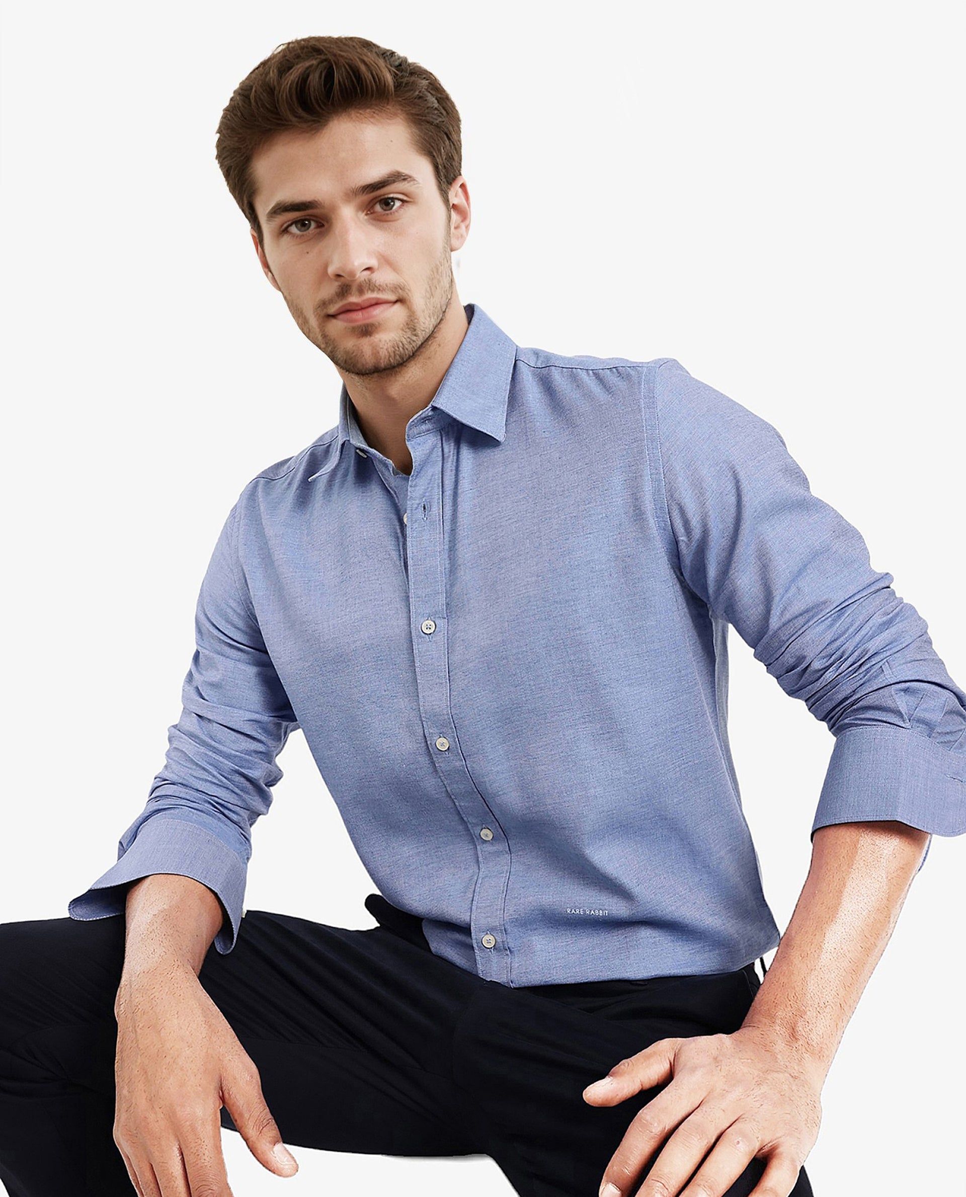 Rare Rabbit Men's Chapelle Blue Cotton Lyocell Fabric Full Sleeves Regular Fit Plain Shirt