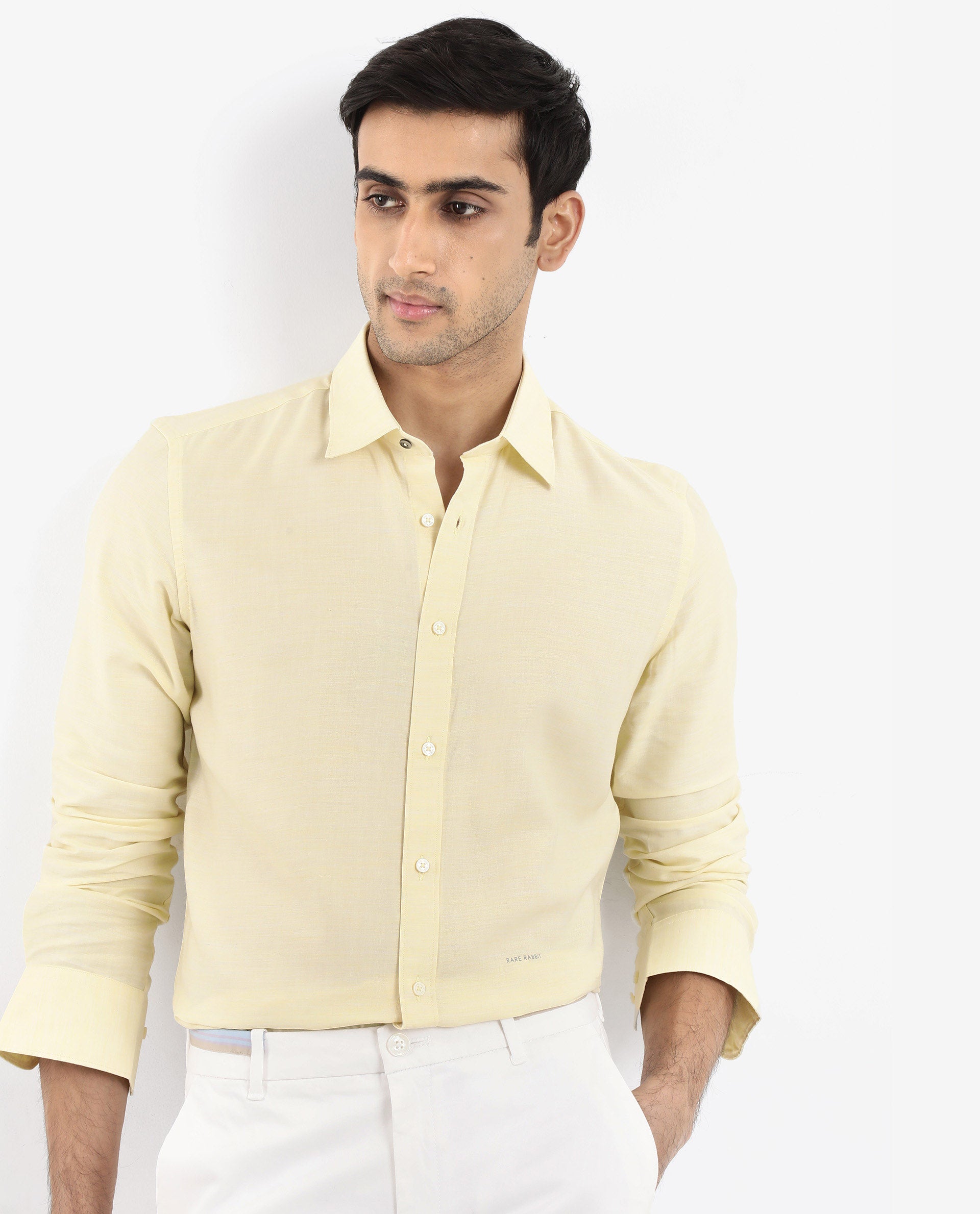 Rare Rabbit Men's Chapelle Flouroscent Yellow Cotton Lyocell Fabric Full Sleeves Regular Fit Plain Shirt