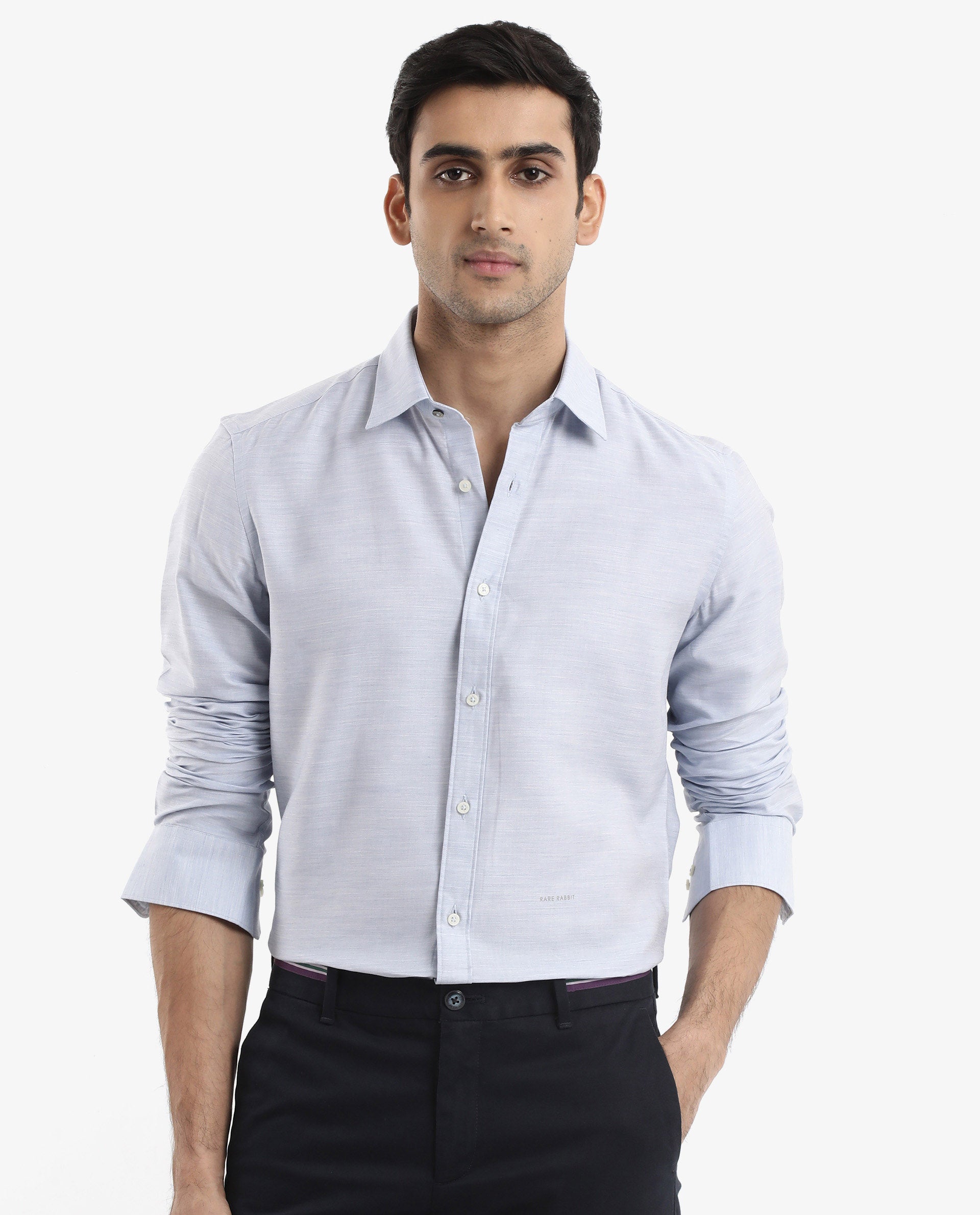 Rare Rabbit Men's Chapelle Light Blue Cotton Lyocell Fabric Full Sleeves Regular Fit Plain Shirt