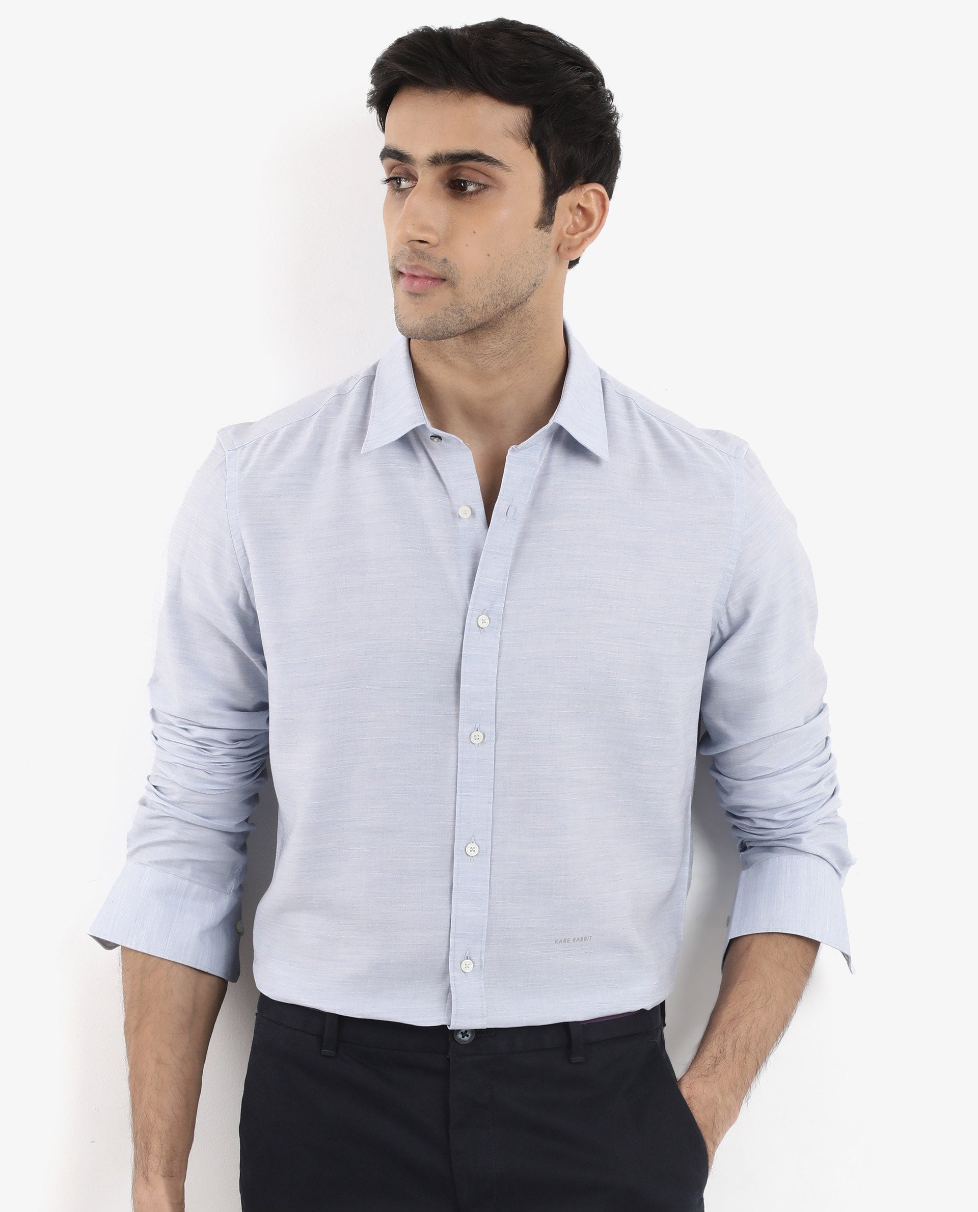 Rare Rabbit Men's Chapelle Light Blue Cotton Lyocell Fabric Full Sleeves Regular Fit Plain Shirt