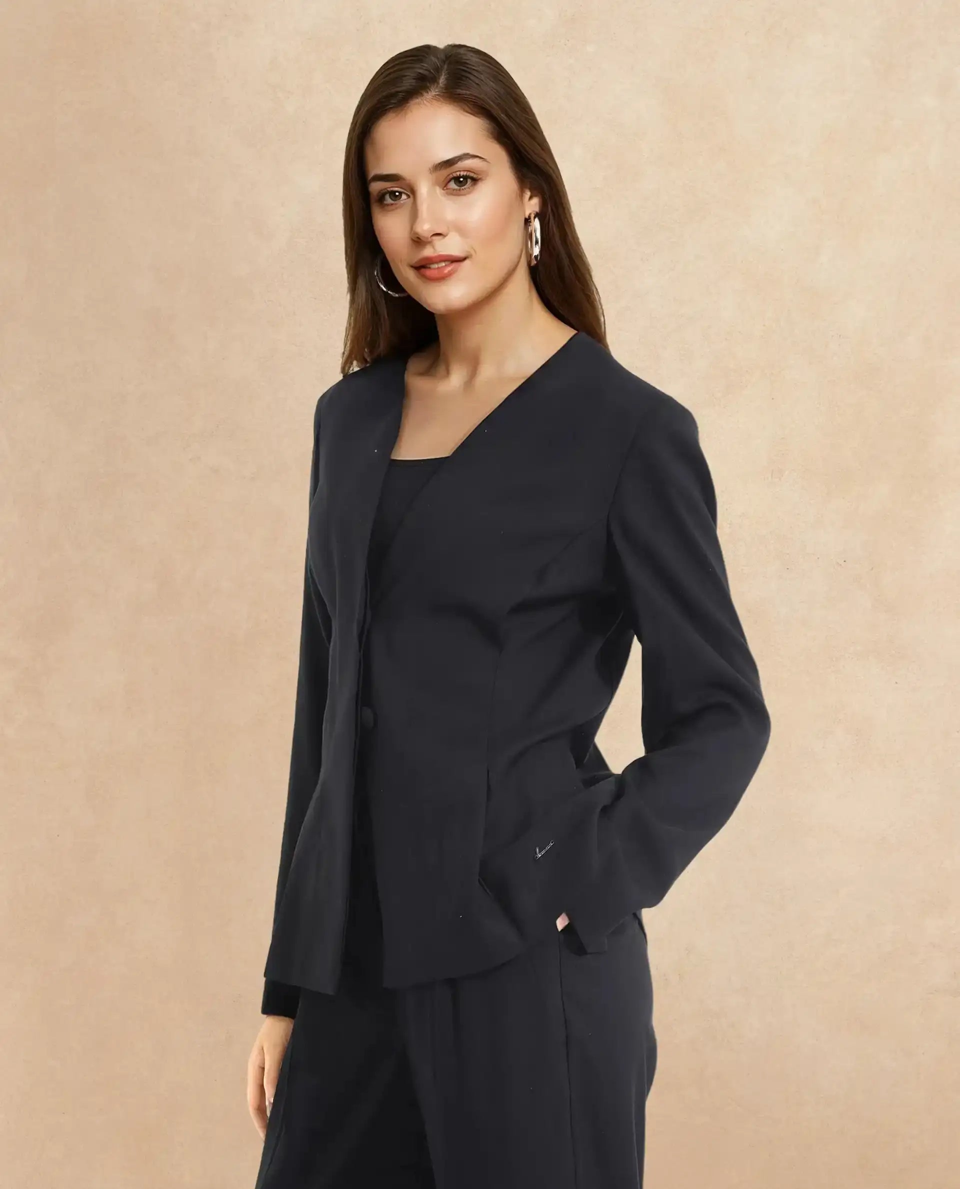Rareism Women Charal Black Full Sleeve Lapel Neck Button Plain Blazer