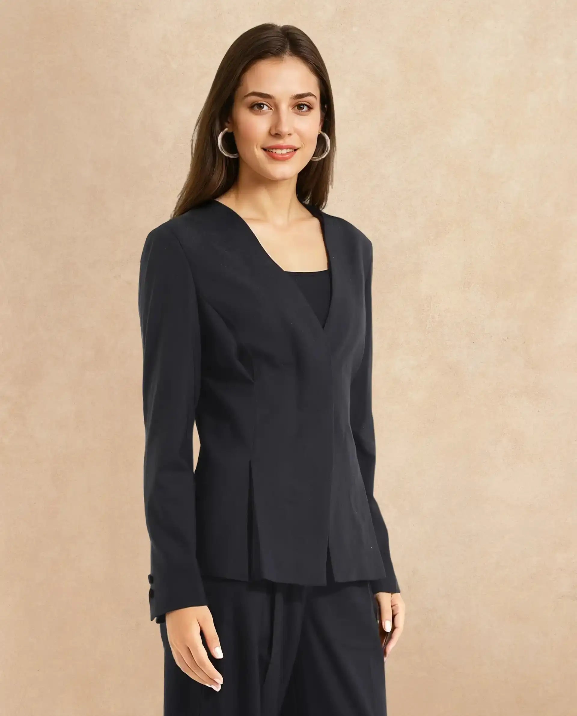 Rareism Women Charal Black Full Sleeve Lapel Neck Button Plain Blazer