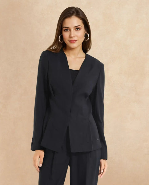 Rareism Women's Charal Black Cotton Blend Lapel Neck Plain Regular Fit