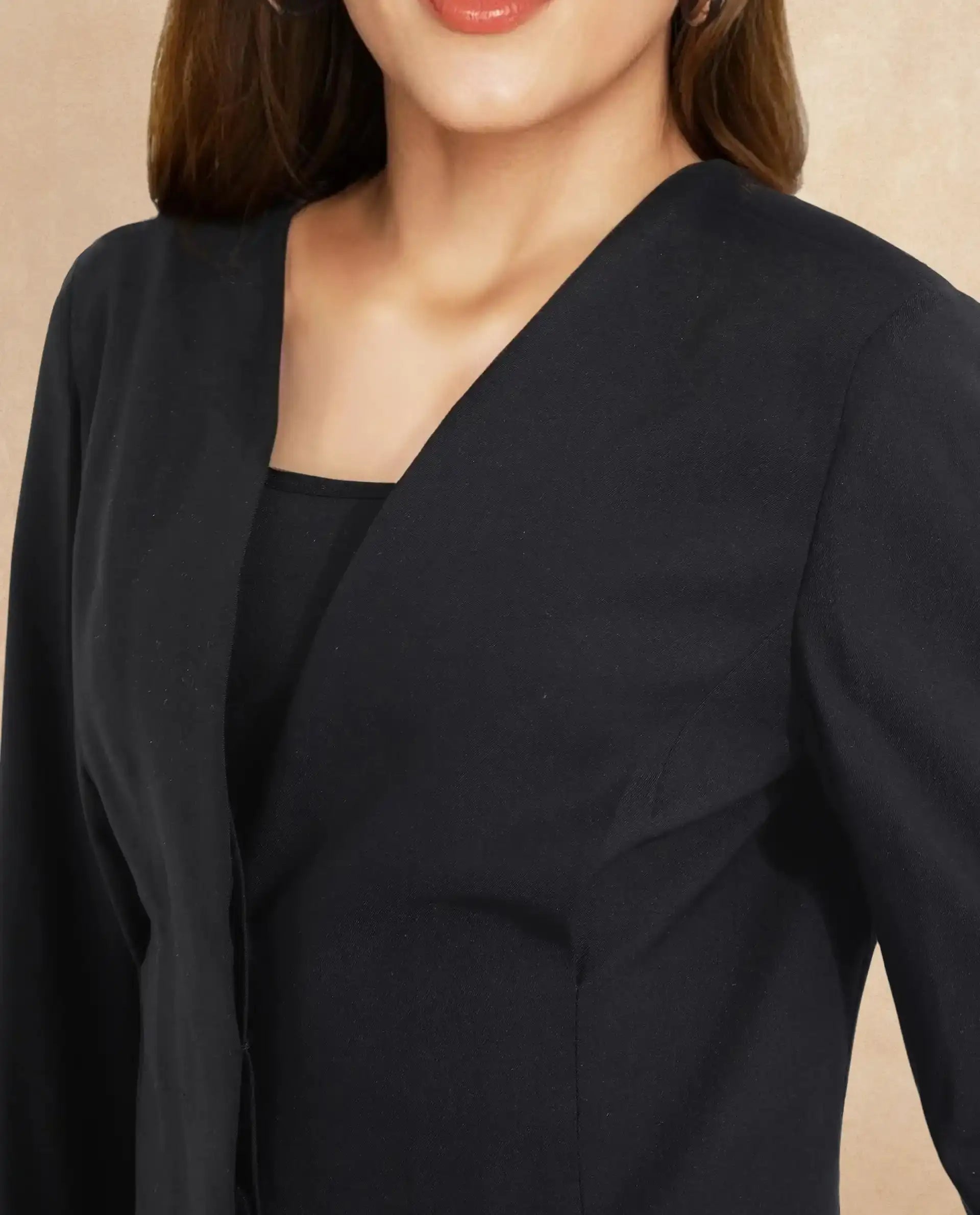 Rareism Women Charal Black Full Sleeve Lapel Neck Button Plain Blazer