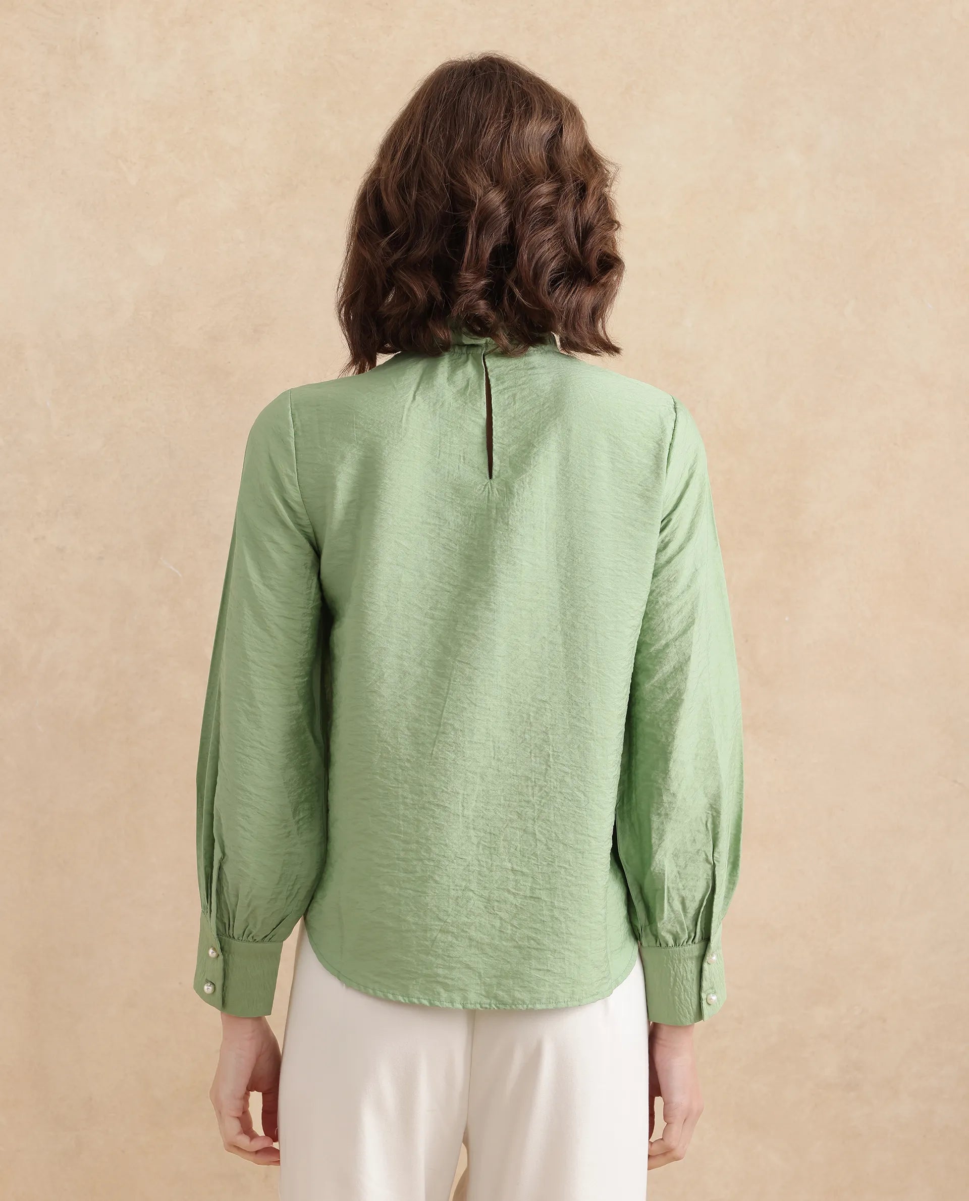 Rareism Women Charen Light Green Bishop Sleeves Halter Neck Relaxed Fit Plain Top