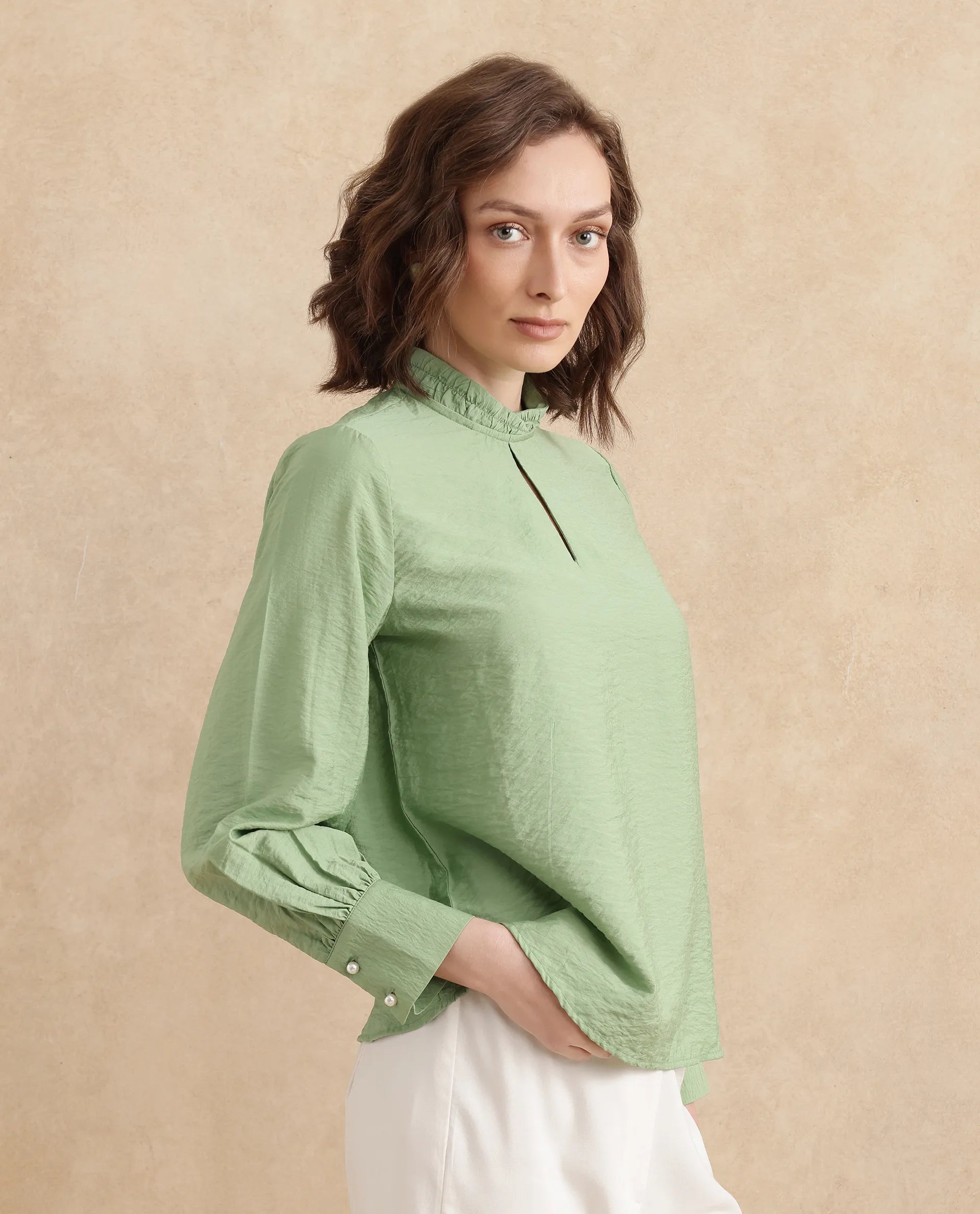 Rareism Women Charen Light Green Bishop Sleeves Halter Neck Relaxed Fit Plain Top