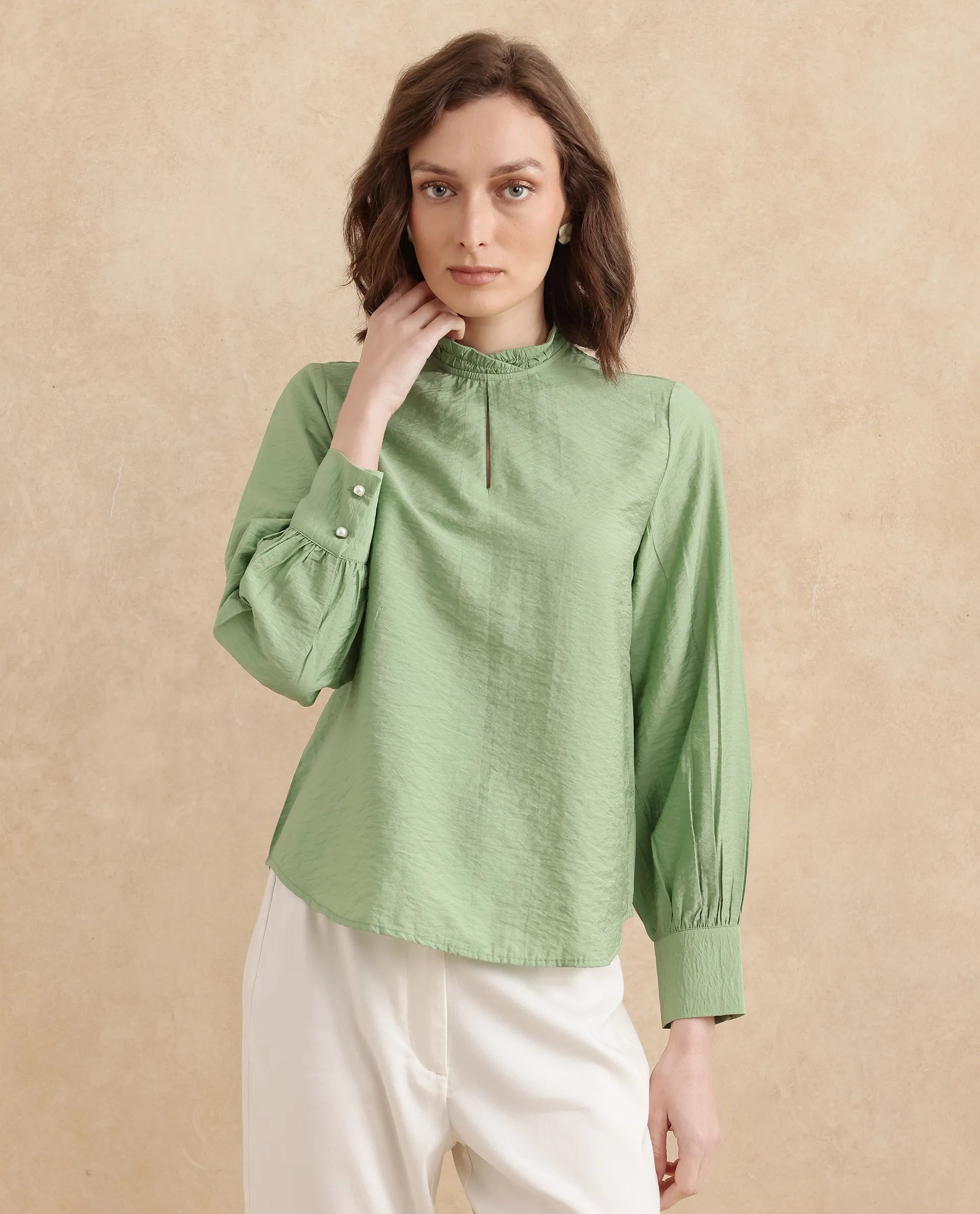 Rareism Women Charen Light Green Bishop Sleeves Halter Neck Relaxed Fit Plain Top