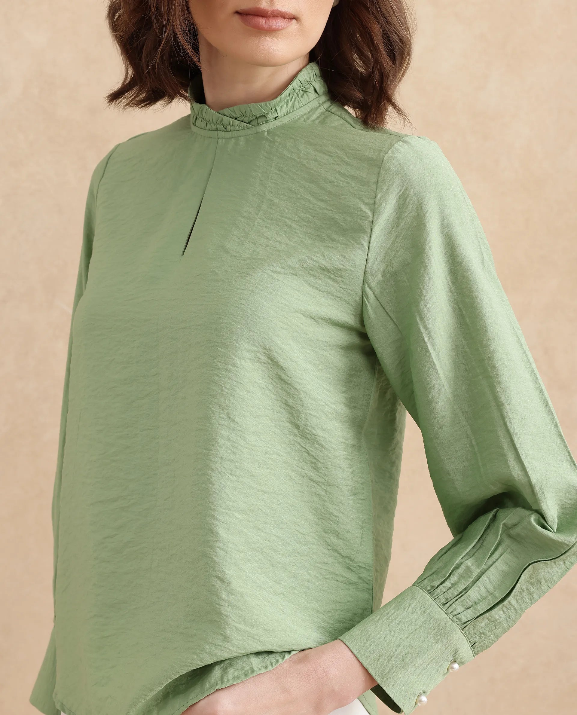 Rareism Women Charen Light Green Bishop Sleeves Halter Neck Relaxed Fit Plain Top