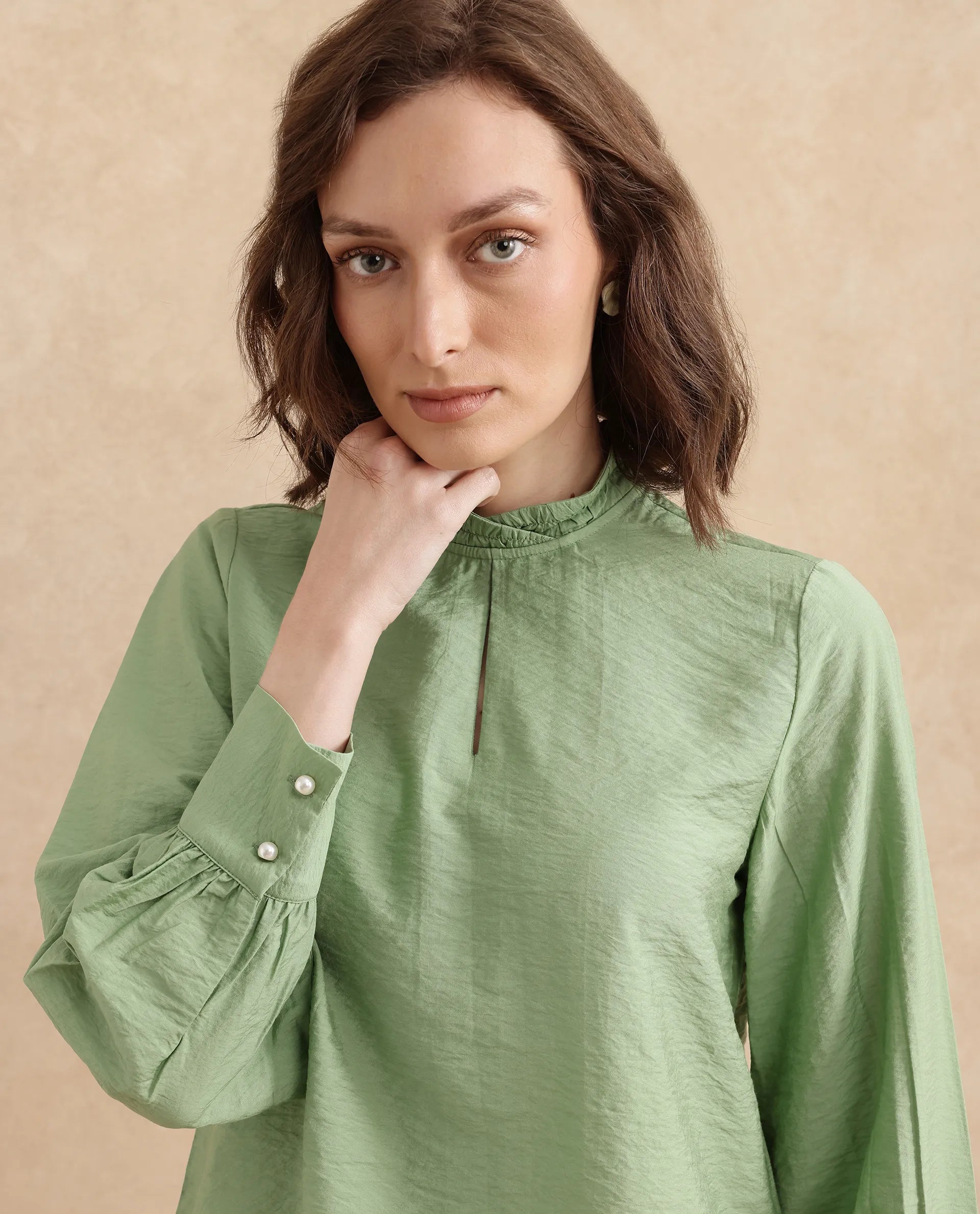 Rareism Women Charen Light Green Bishop Sleeves Halter Neck Relaxed Fit Plain Top