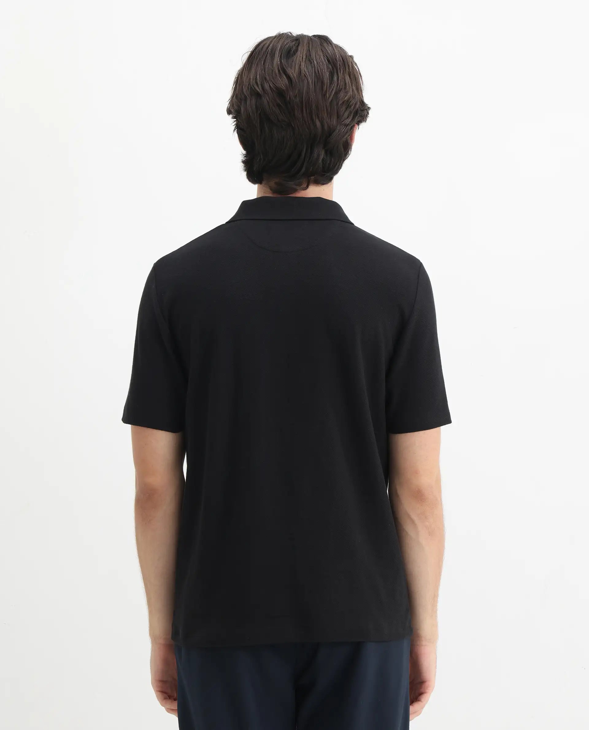 Rare Rabbit Men's Charles Black Cotton Plain Regular Fit Half Sleeve Polo