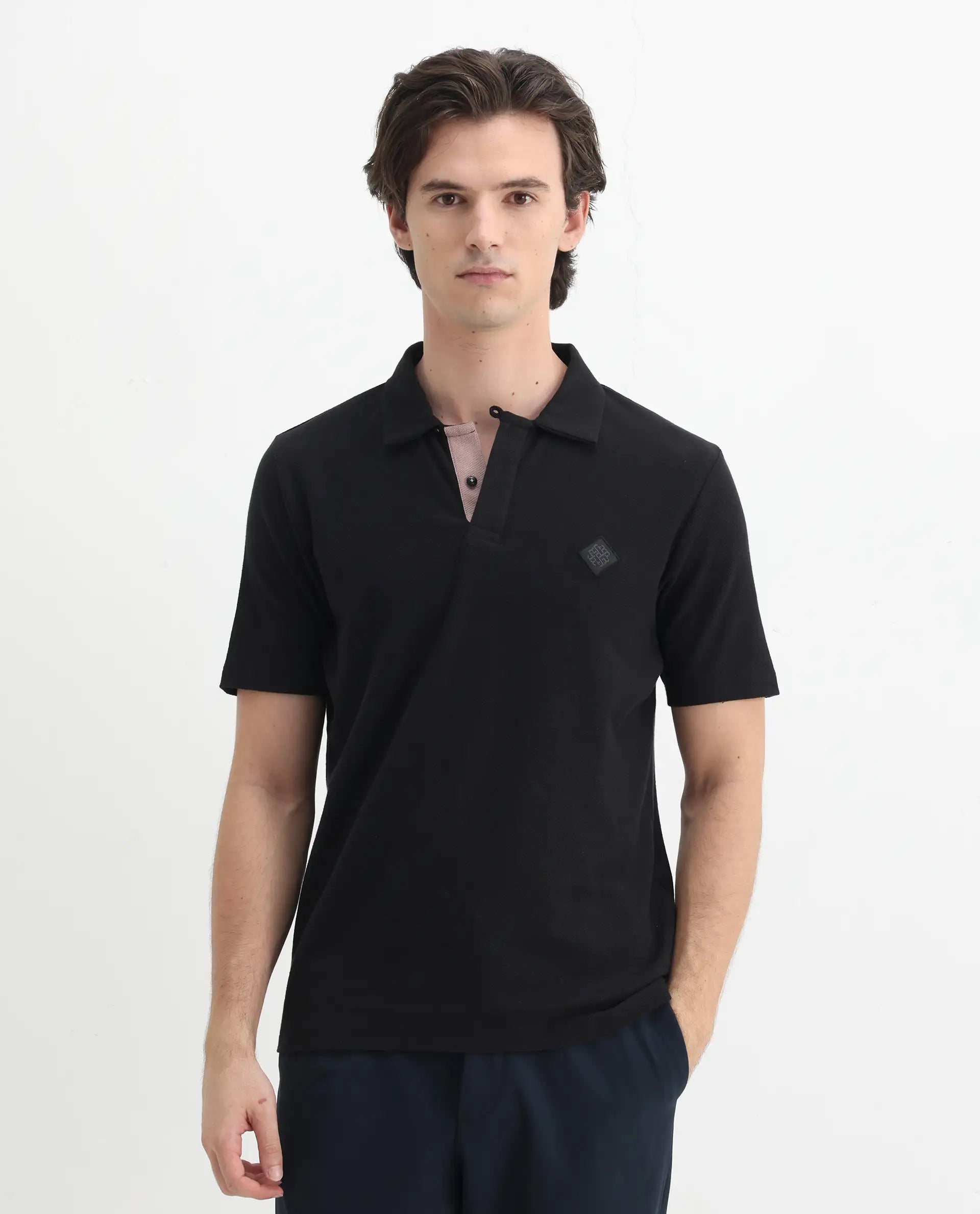 Rare Rabbit Men's Charles Black Cotton Plain Regular Fit Half Sleeve Polo