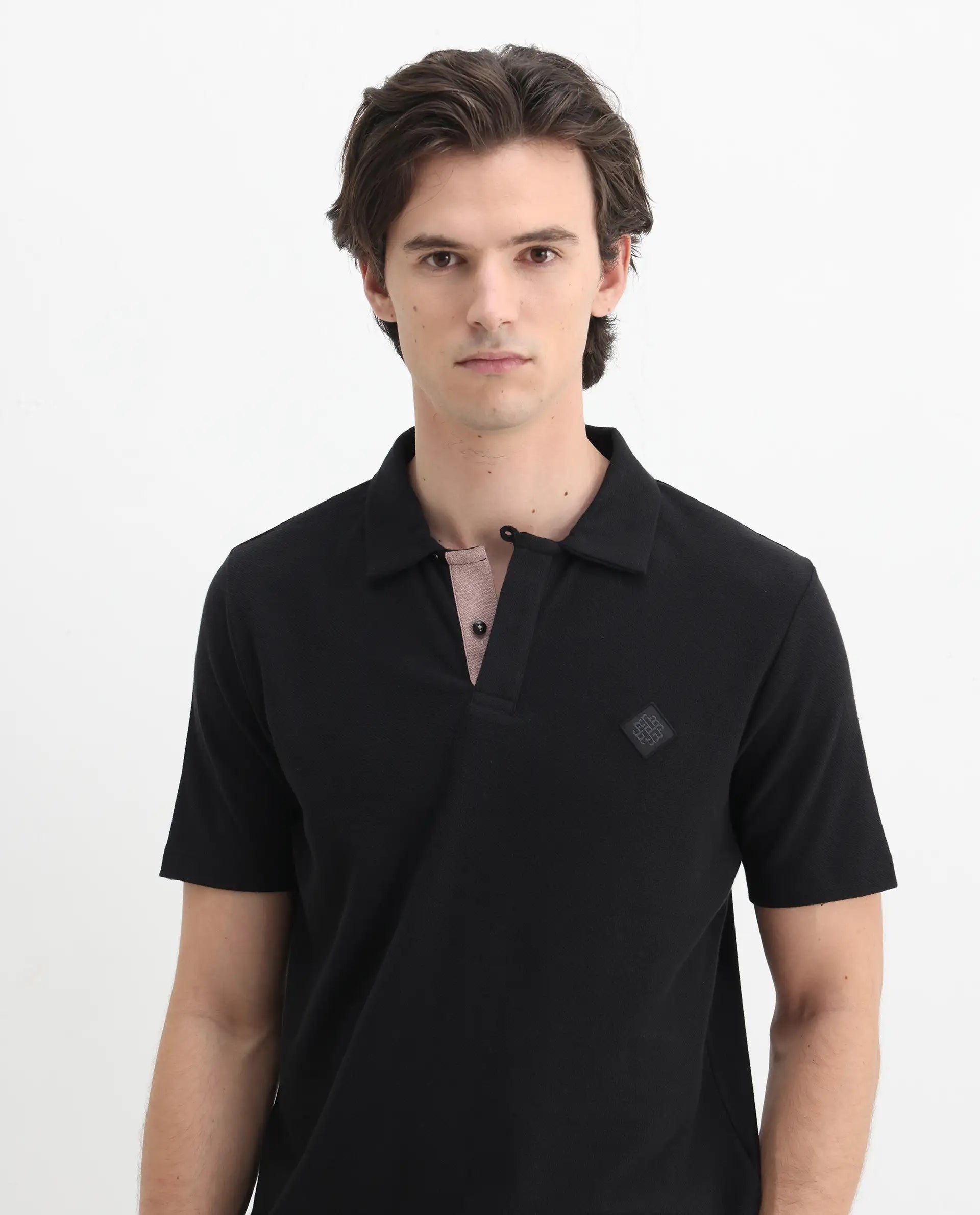 Rare Rabbit Men's Charles Black Cotton Plain Regular Fit Half Sleeve Polo