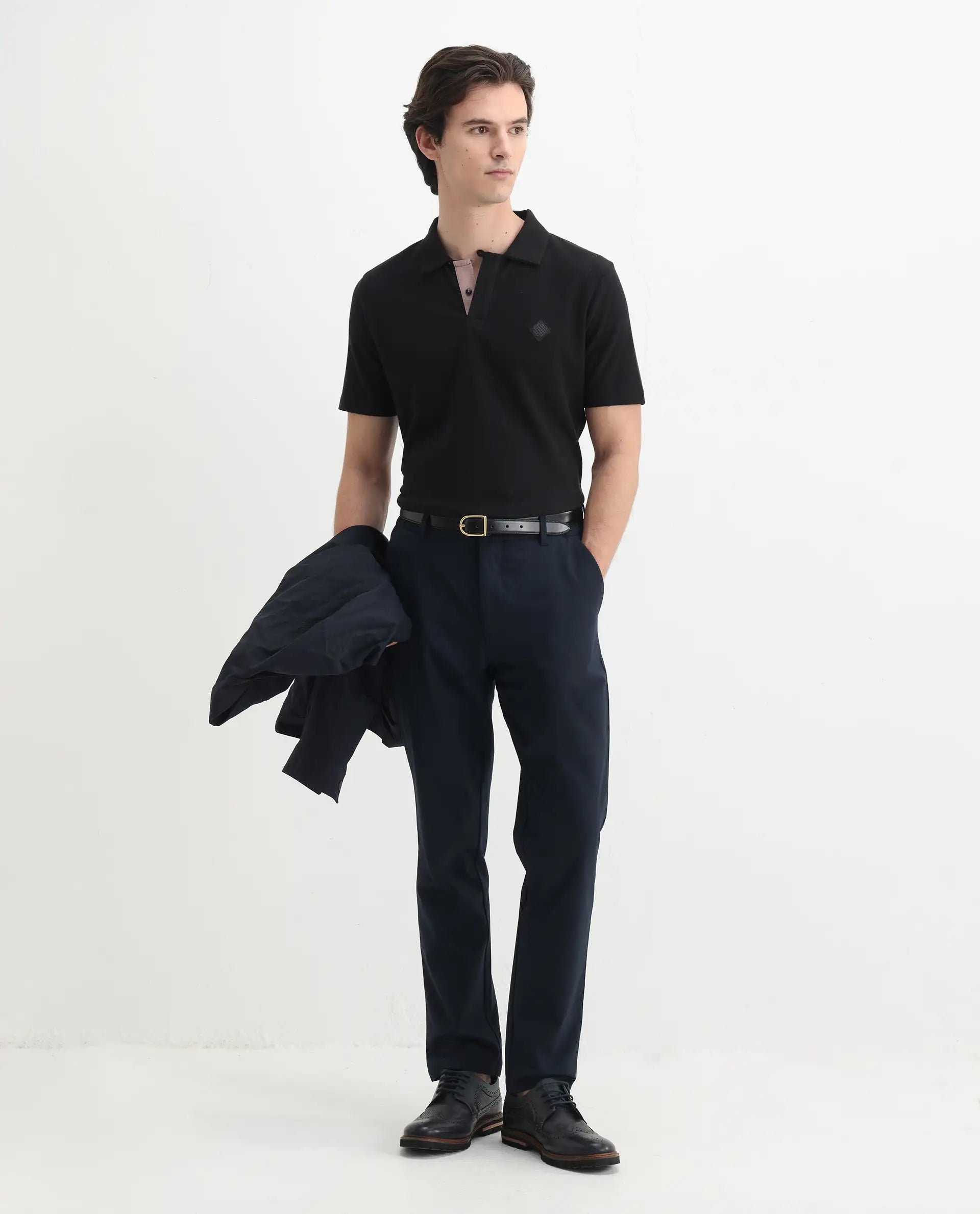 Rare Rabbit Men's Charles Black Cotton Plain Regular Fit Half Sleeve Polo