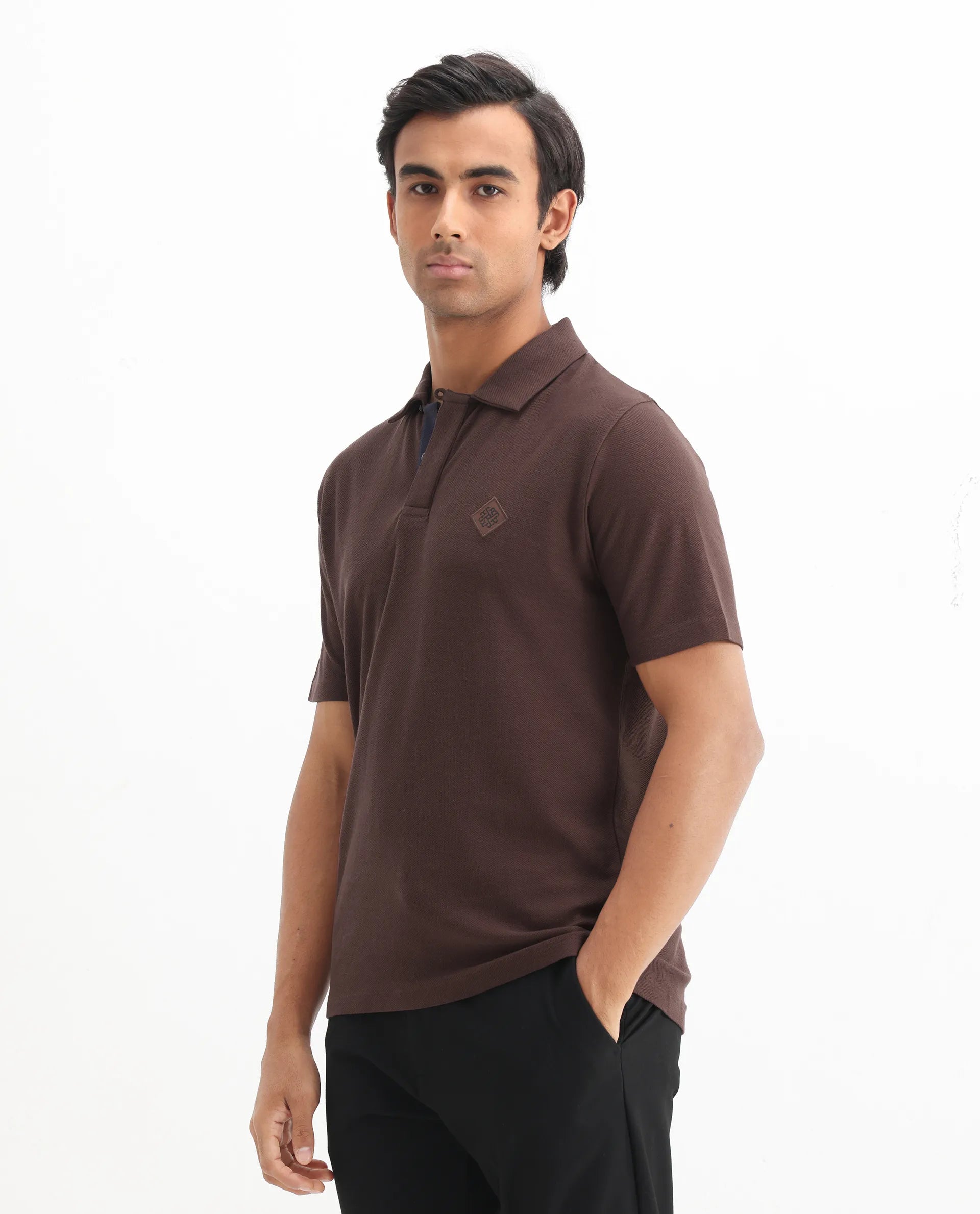 Rare Rabbit Men's Charles Dark Brown Cotton Plain Regular Fit Half Sleeve Polo