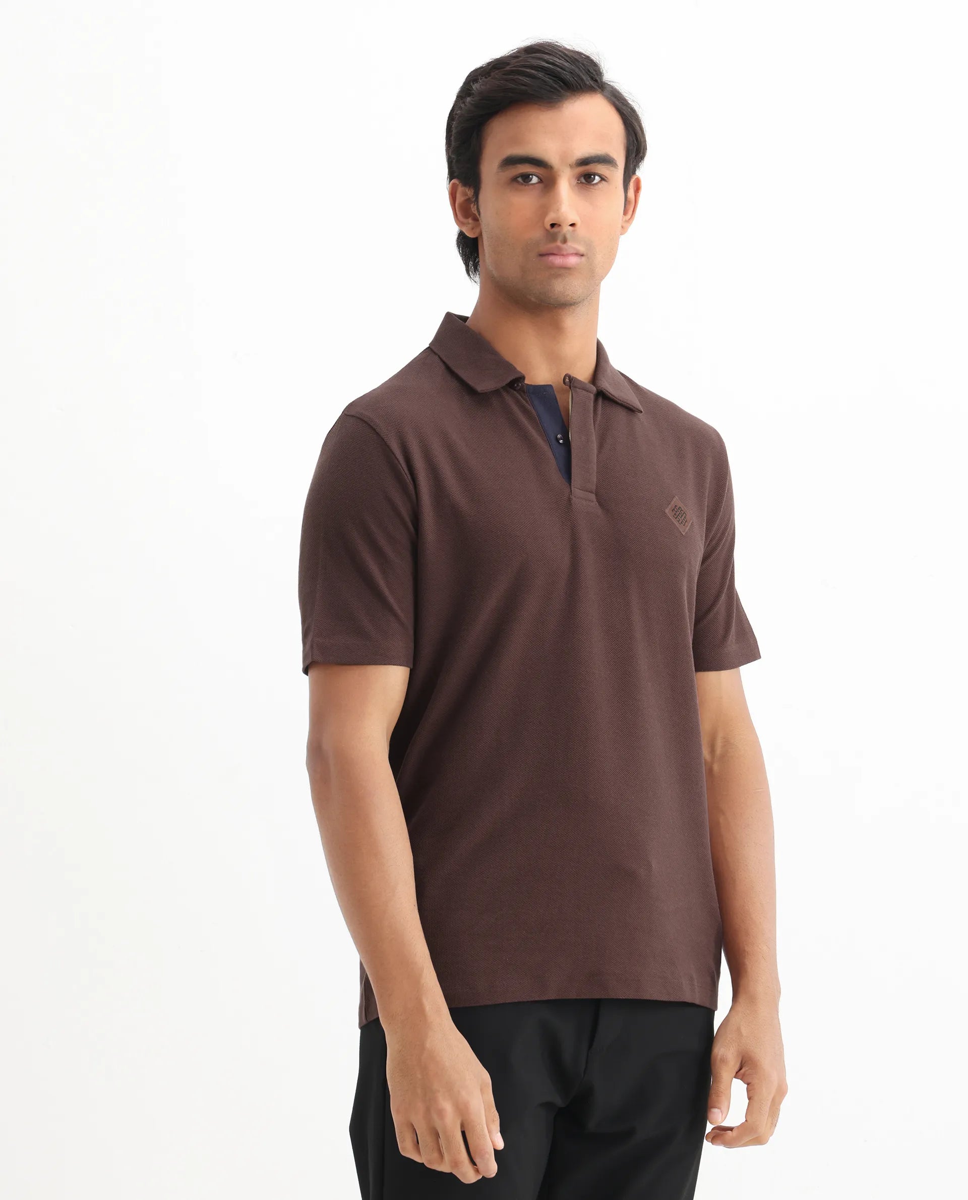 Rare Rabbit Men's Charles Dark Brown Cotton Plain Regular Fit Half Sleeve Polo