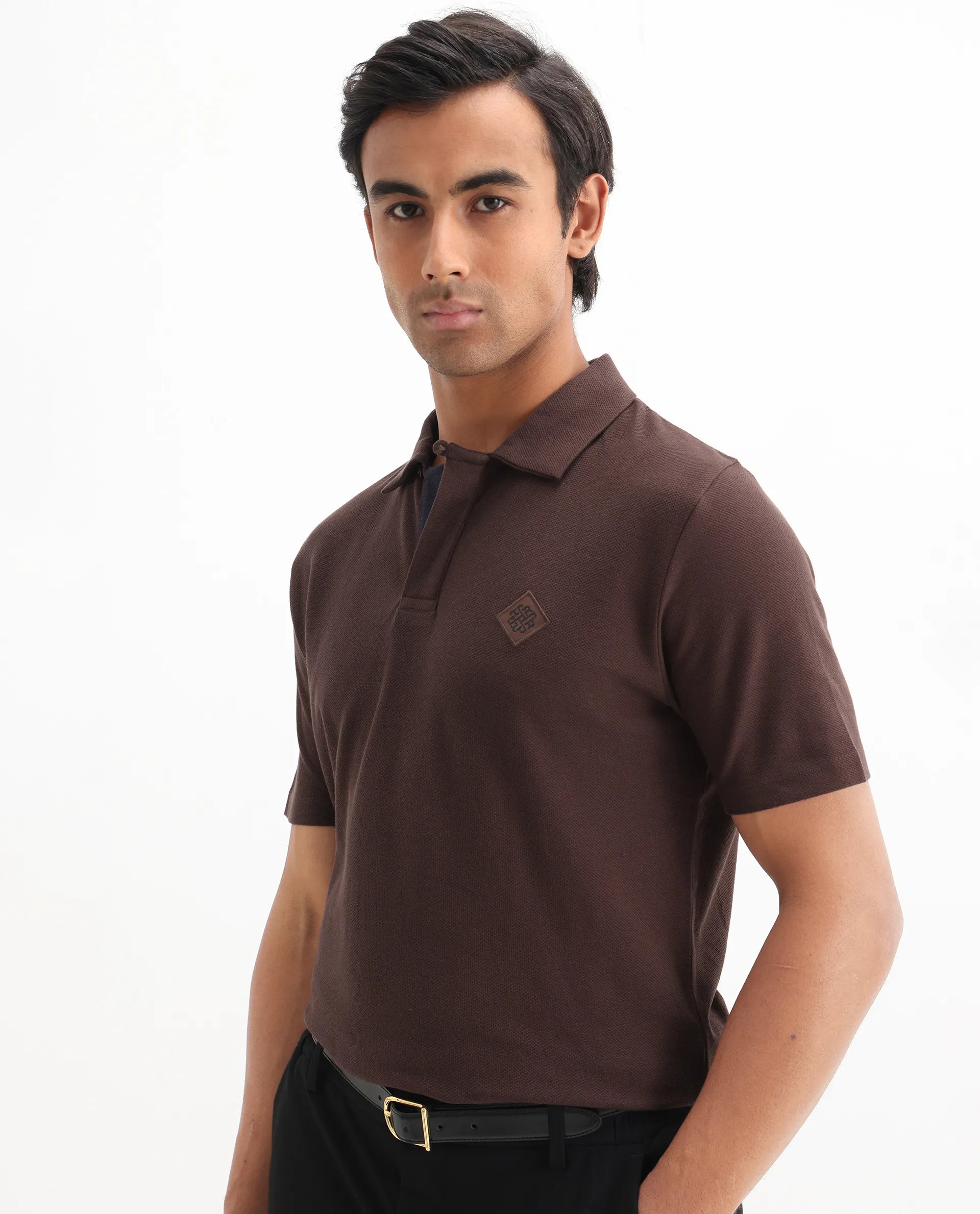 Rare Rabbit Men's Charles Dark Brown Cotton Plain Regular Fit Half Sleeve Polo