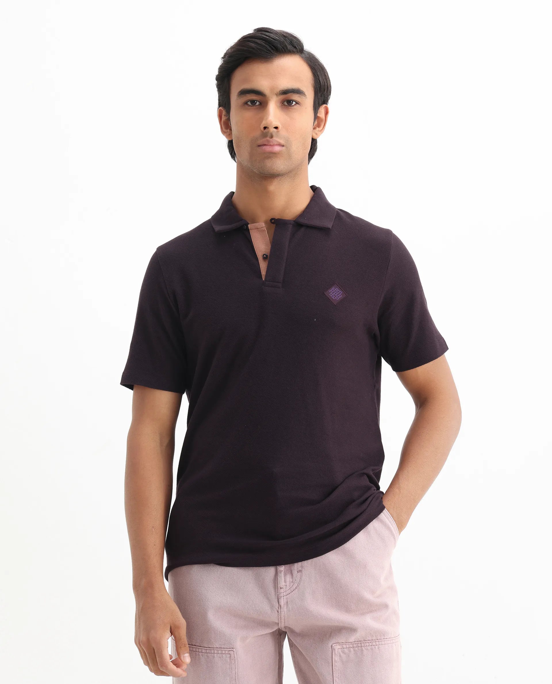 Rare Rabbit Men's Charles Dark Purple Cotton Plain Regular Fit Half Sleeve Polo