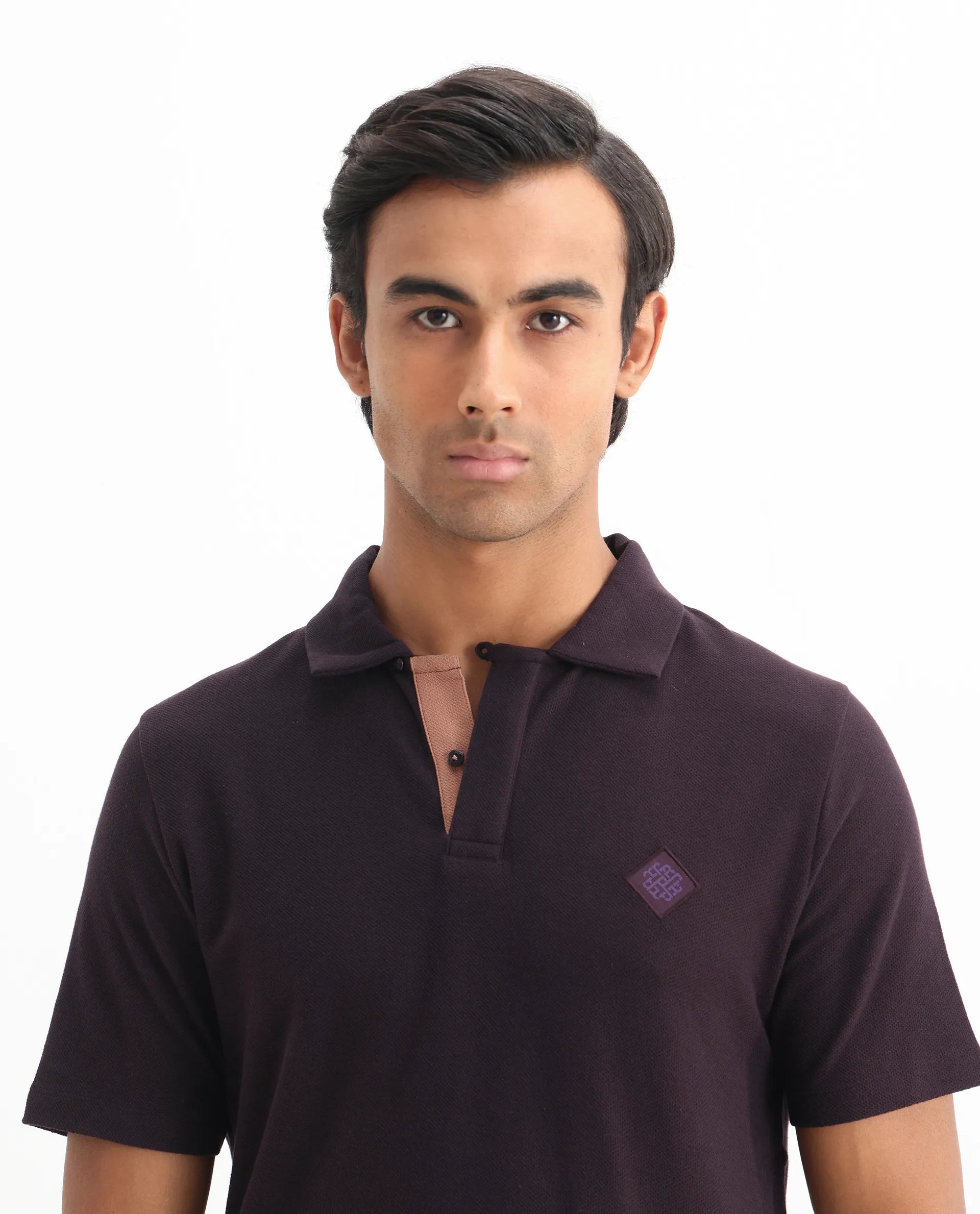 Rare Rabbit Men's Charles Dark Purple Cotton Plain Regular Fit Half Sleeve Polo