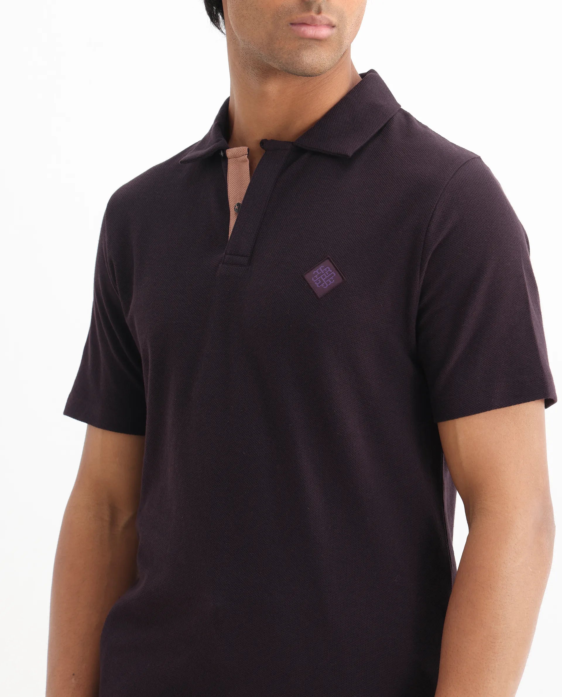 Rare Rabbit Men's Charles Dark Purple Cotton Plain Regular Fit Half Sleeve Polo