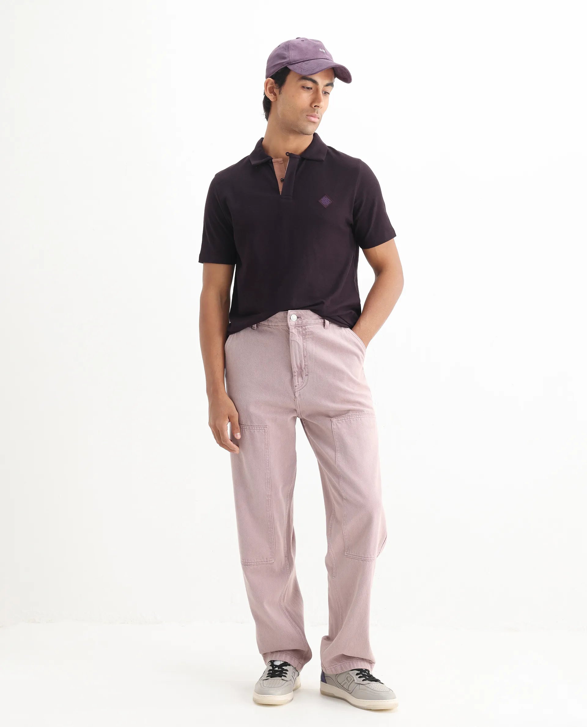 Rare Rabbit Men's Charles Dark Purple Cotton Plain Regular Fit Half Sleeve Polo