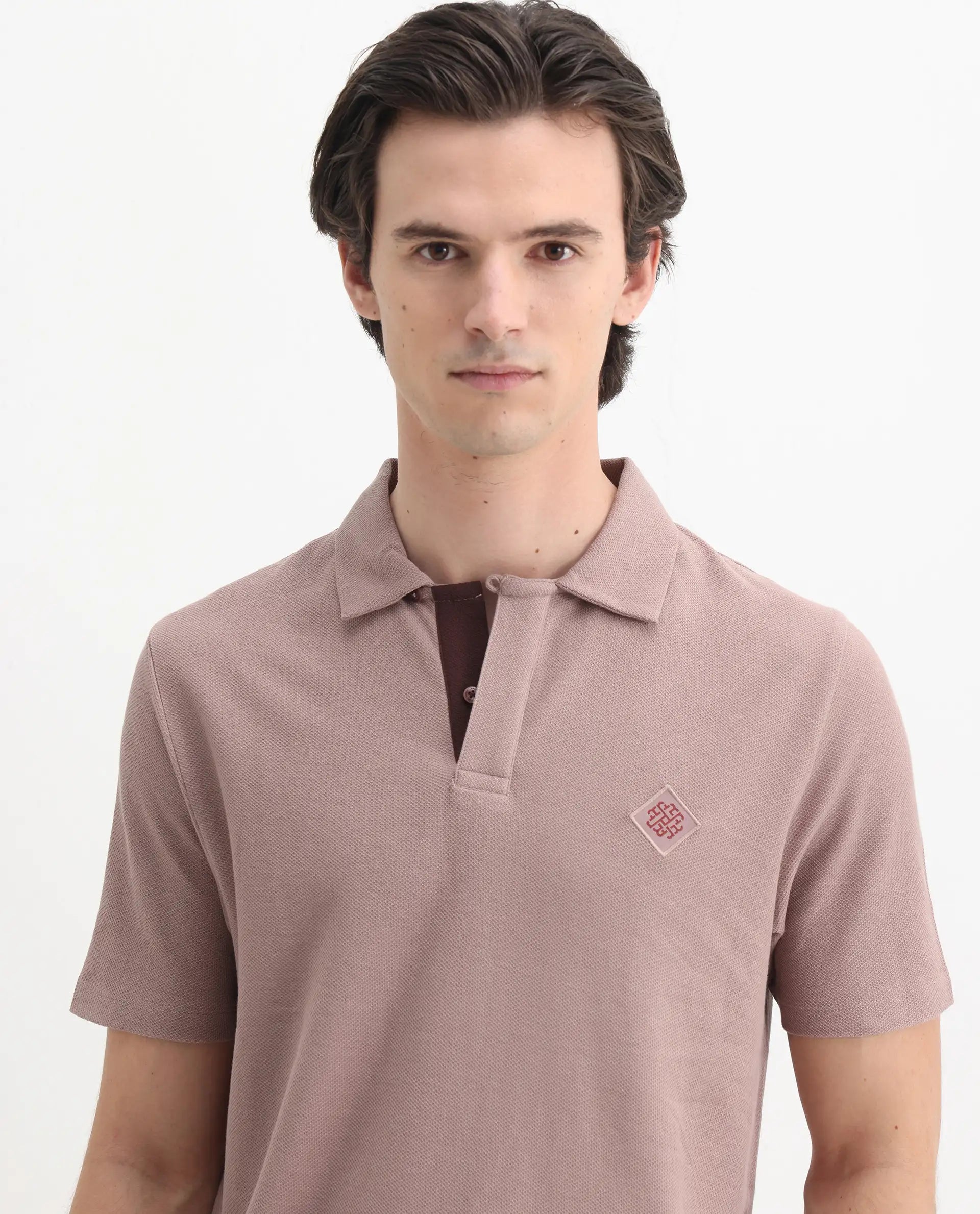 Rare Rabbit Men's Charles Dusky Pink Cotton Plain Regular Fit Half Sleeve Polo
