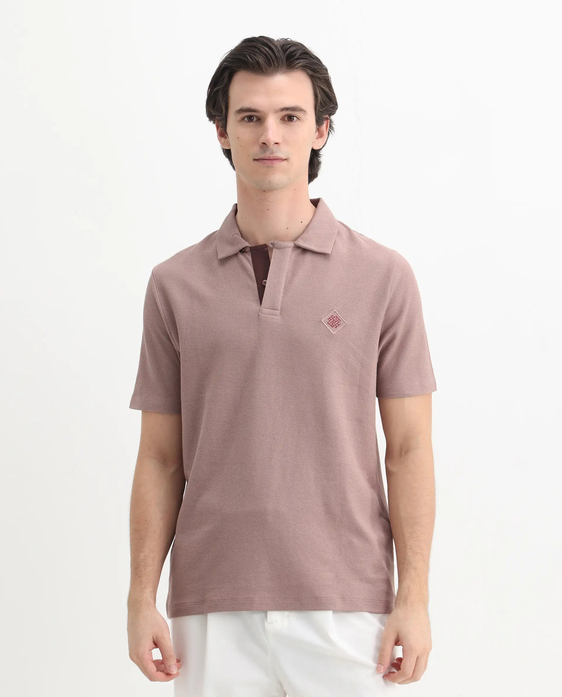 Rare Rabbit Men's Charles Dusky Pink Cotton Plain Regular Fit Half Sleeve Polo