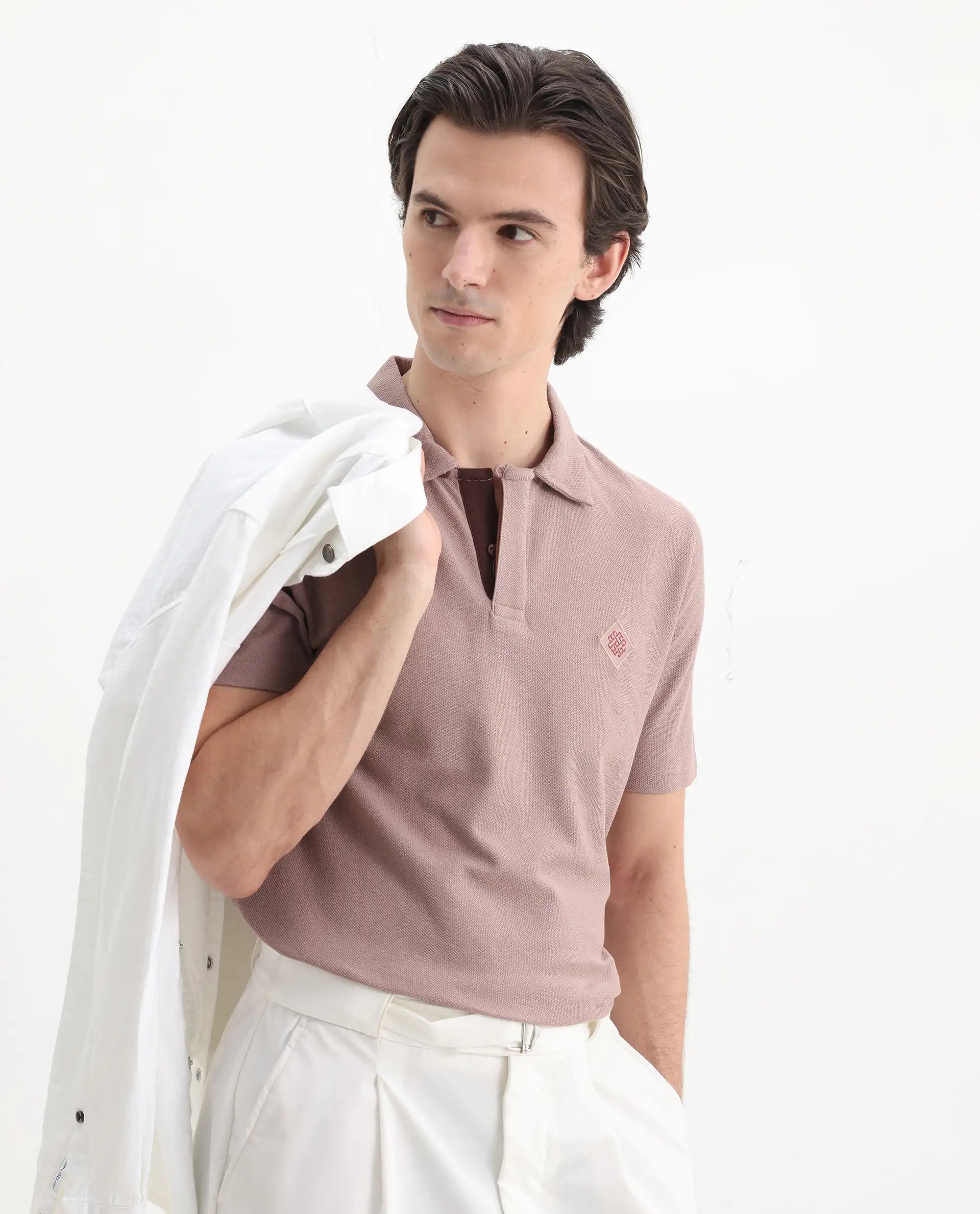 Rare Rabbit Men's Charles Dusky Pink Cotton Plain Regular Fit Half Sleeve Polo