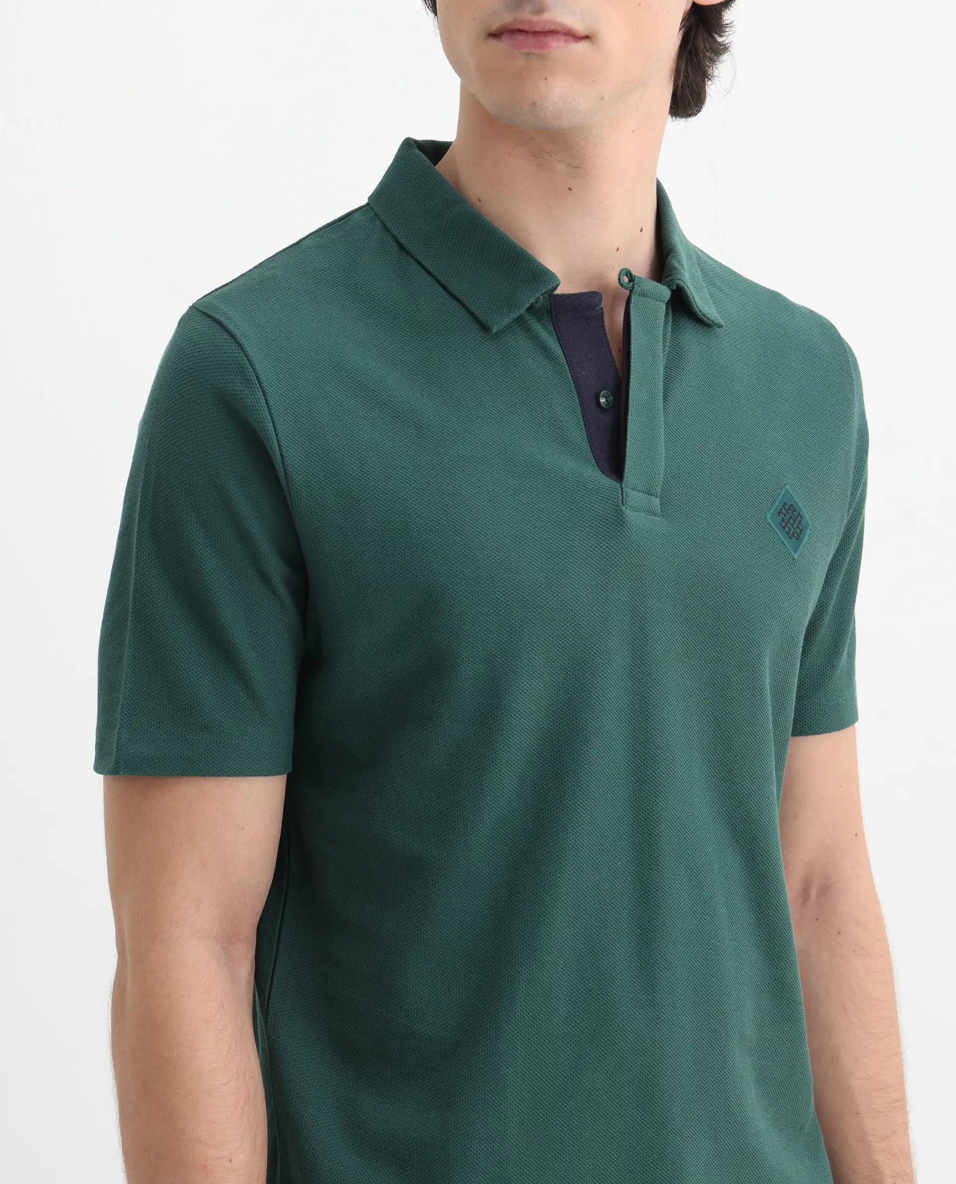 Rare Rabbit Men's Charles Green Cotton Plain Regular Fit Half Sleeve Polo