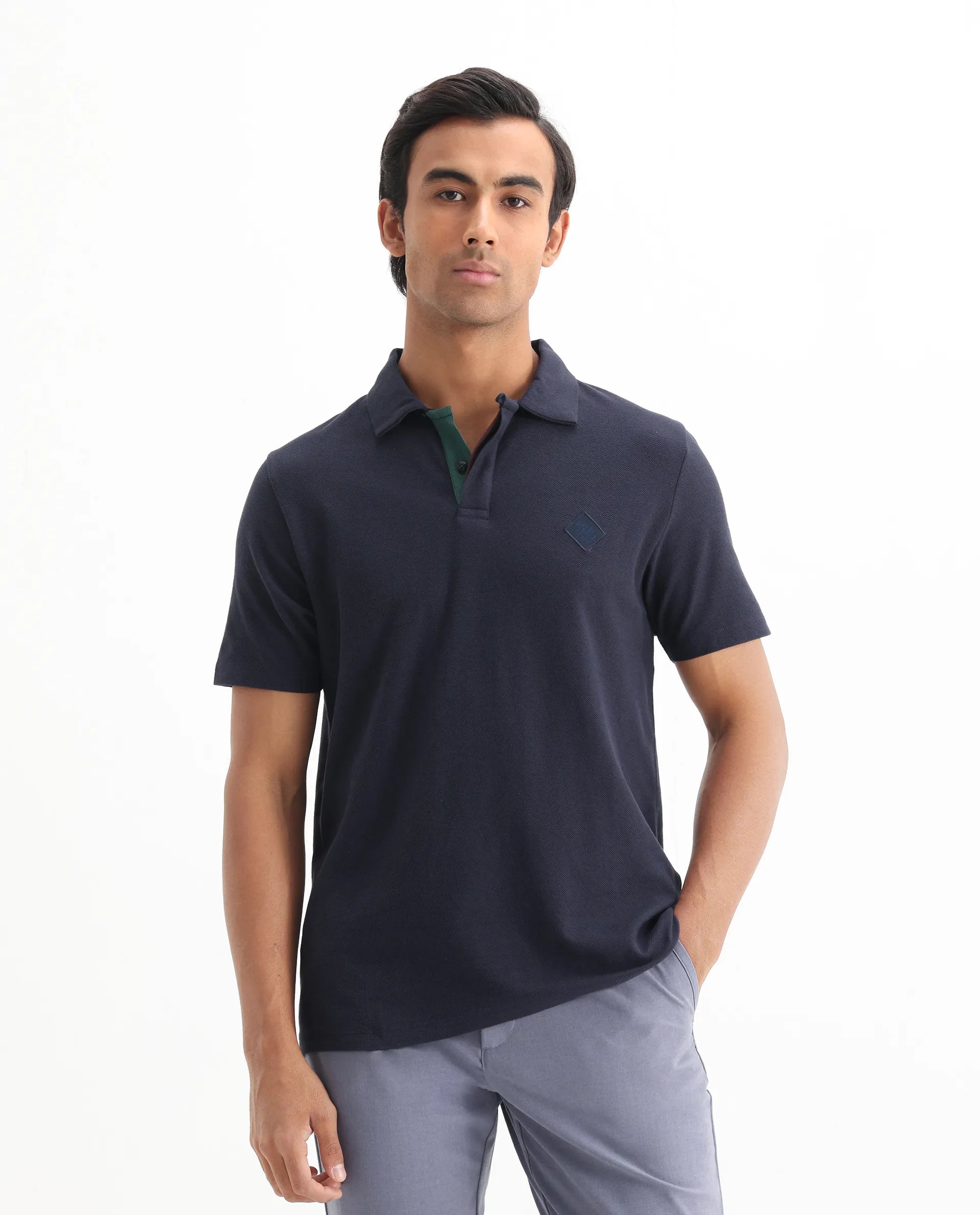 Rare Rabbit Men's Charles Navy Cotton Plain Regular Fit Half Sleeve Polo