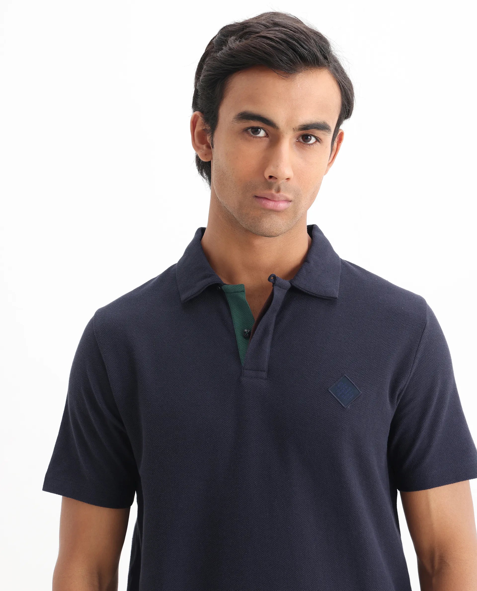 Rare Rabbit Men's Charles Navy Cotton Plain Regular Fit Half Sleeve Polo