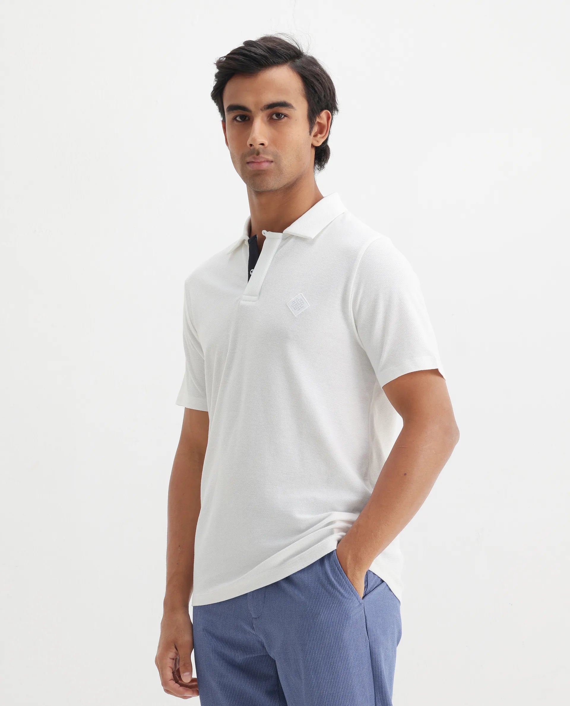 Rare Rabbit Men's Charles Off White Cotton Plain Regular Fit Half Sleeve Polo