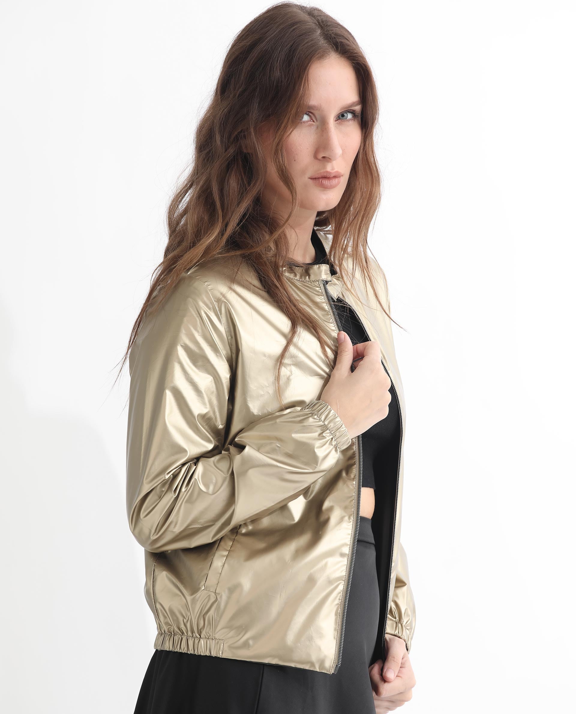 Rareism Women Charlotte Gold Polyester Fabric Full Sleeves Solid Mandarin Collar Jacket