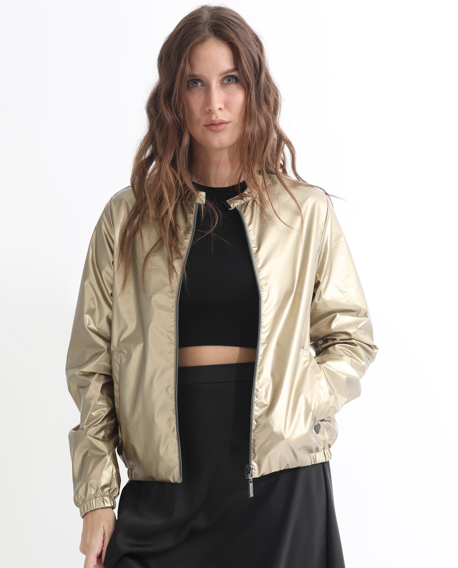 Rareism Women Charlotte Gold Polyester Fabric Full Sleeves Solid Mandarin Collar Jacket