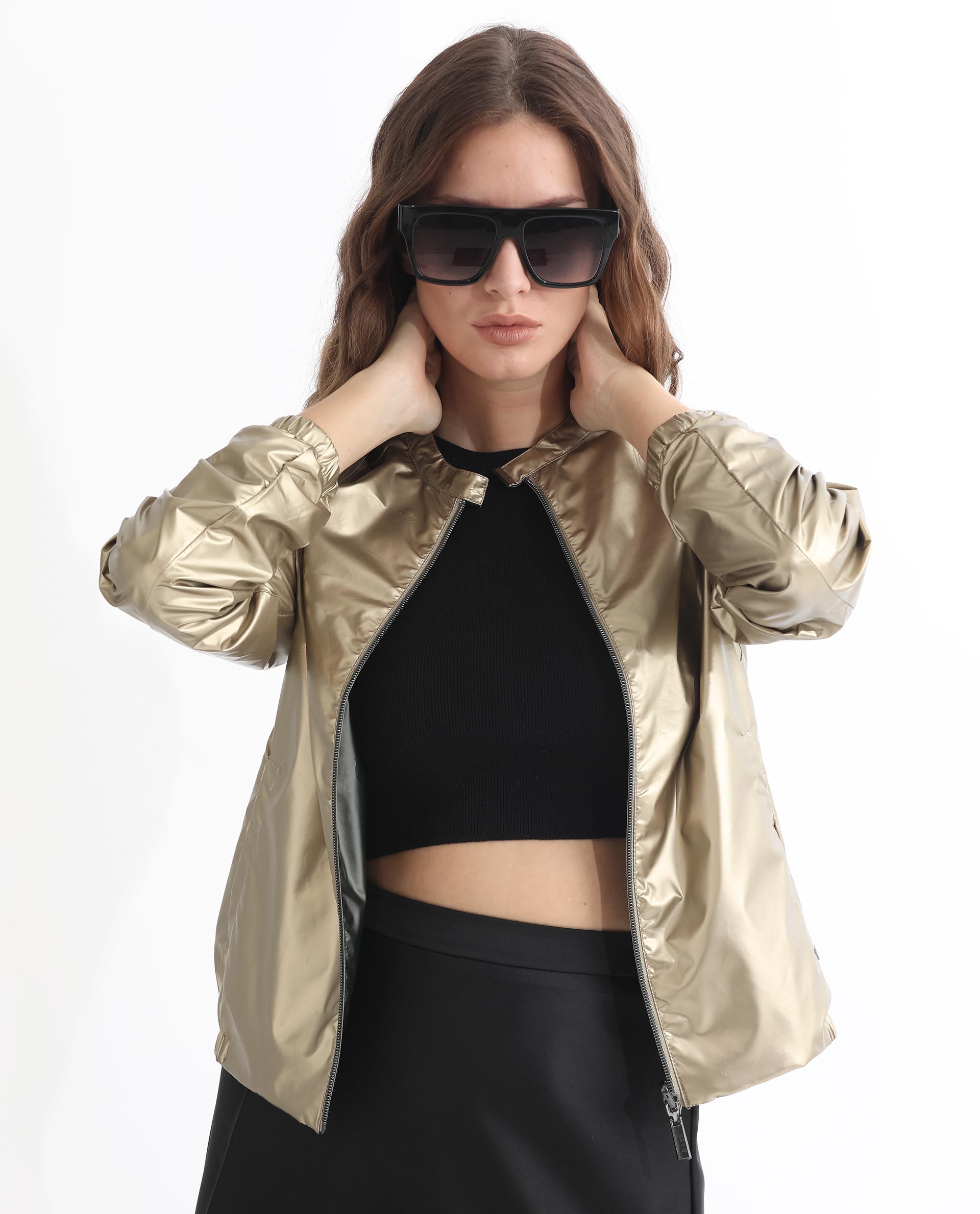 Rareism Women Charlotte Gold Polyester Fabric Full Sleeves Solid Mandarin Collar Jacket