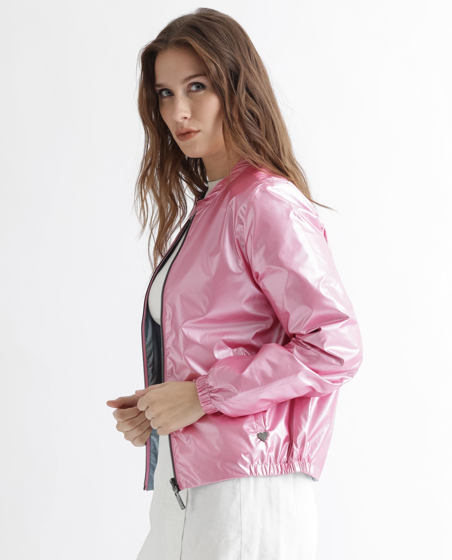 Rareism Women Charlotte Pink Polyester Fabric Full Sleeves Solid Mandarin Collar Jacket