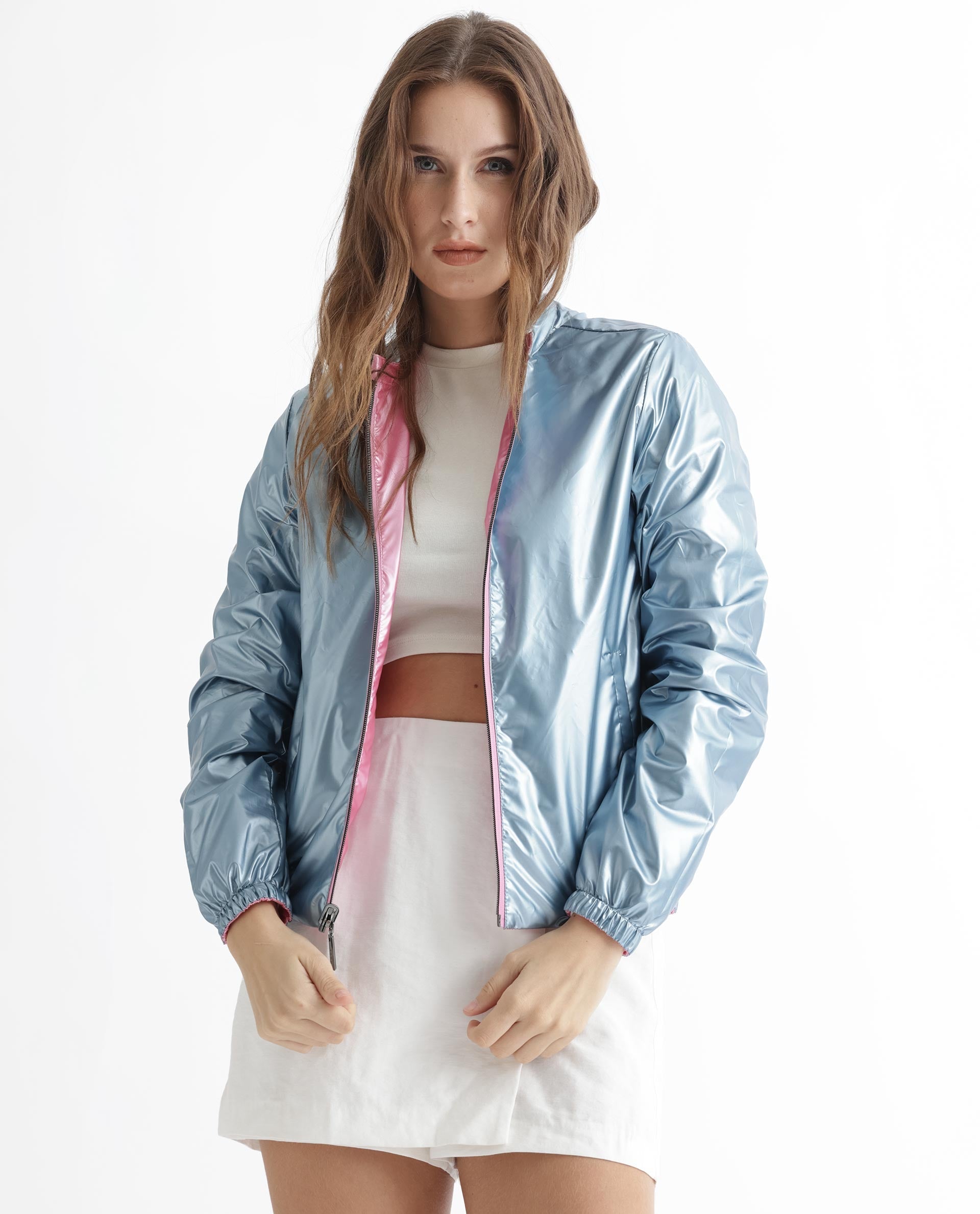 Rareism Women Charlotte Pink Polyester Fabric Full Sleeves Solid Mandarin Collar Jacket