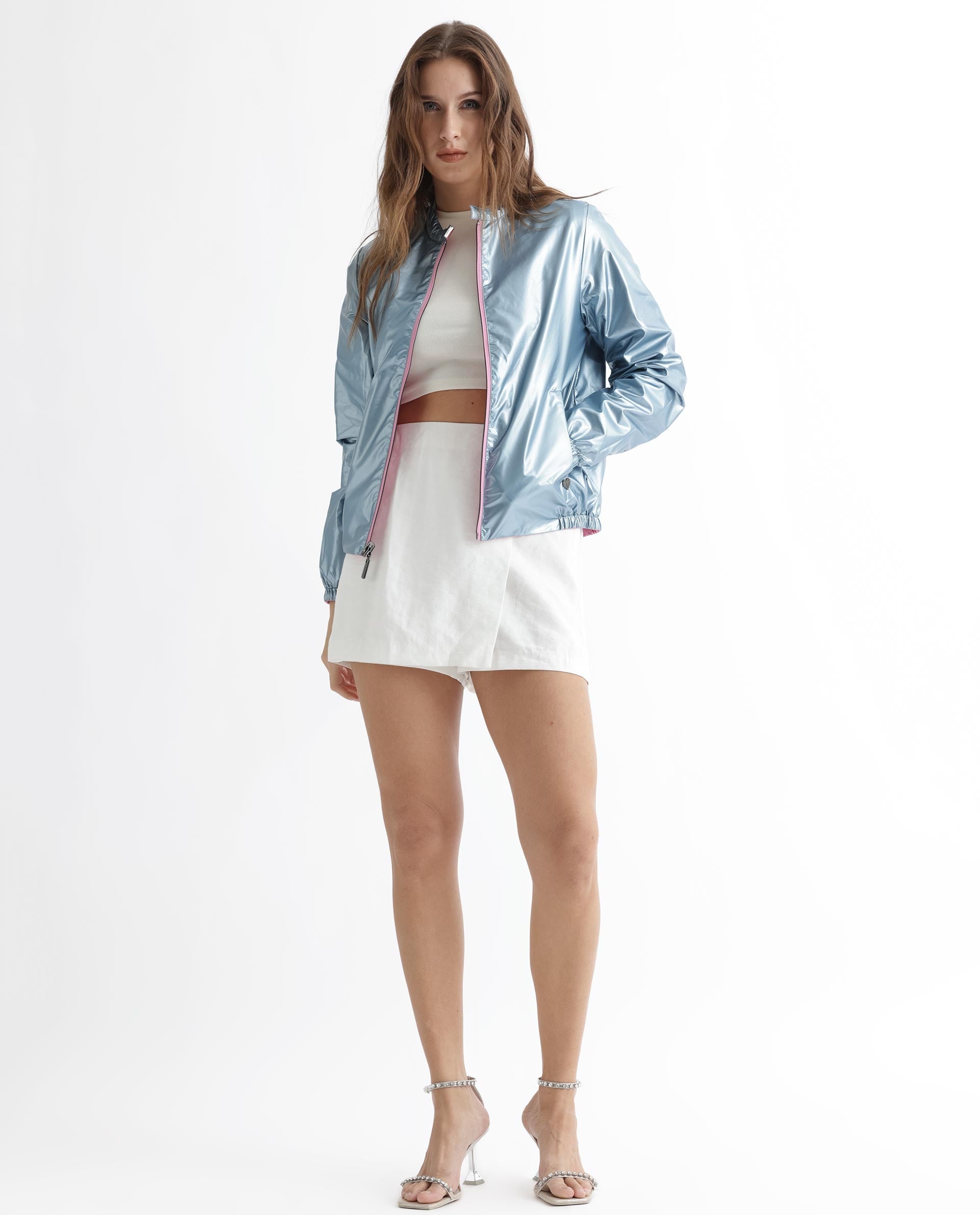 Rareism Women Charlotte Pink Polyester Fabric Full Sleeves Solid Mandarin Collar Jacket